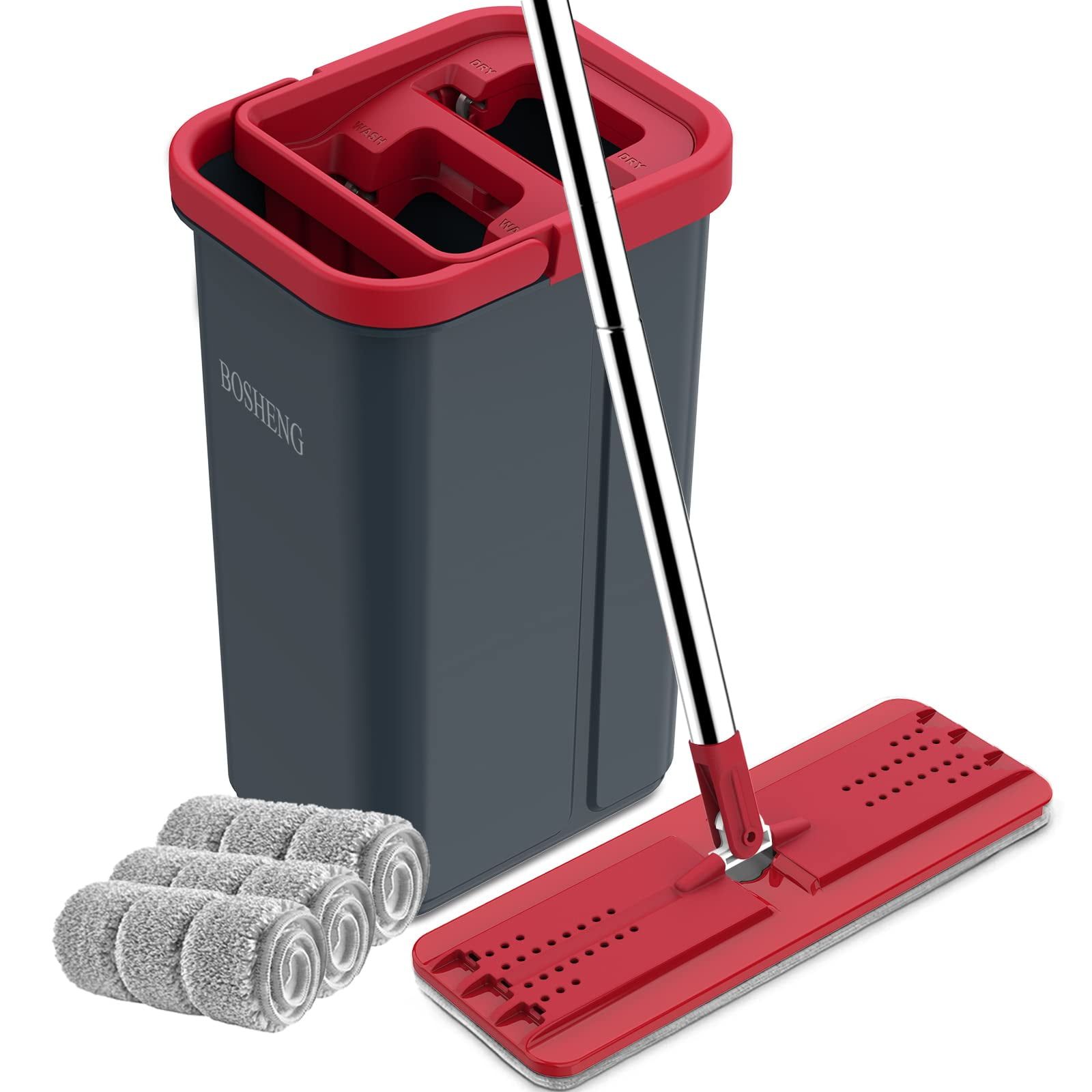 Red and Black Hands-Free Mop and Bucket Set with Microfiber Pads