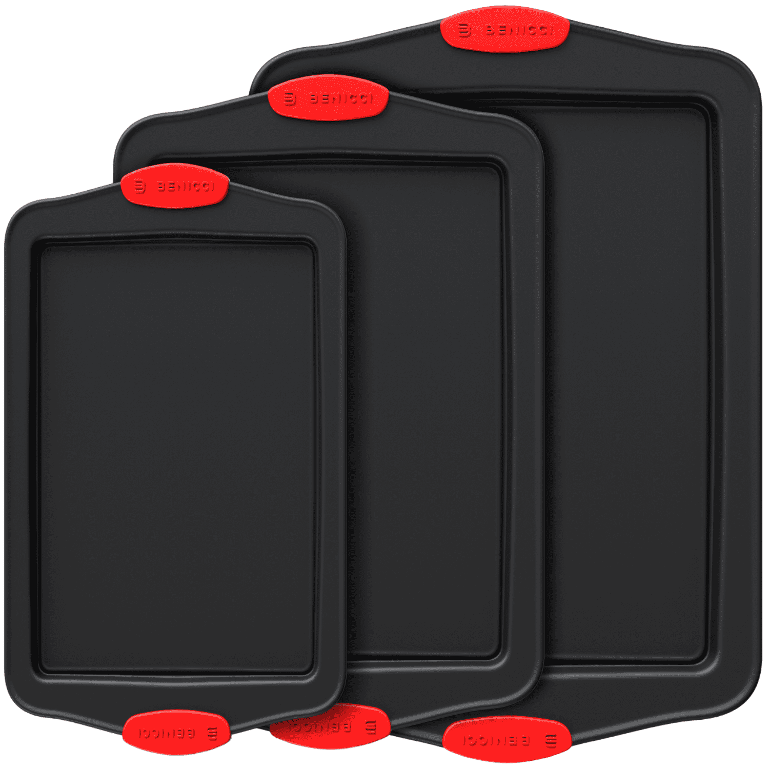 Set of 3 Black Non-Stick Carbon Steel Cookie Sheets with Red Silicone Handles