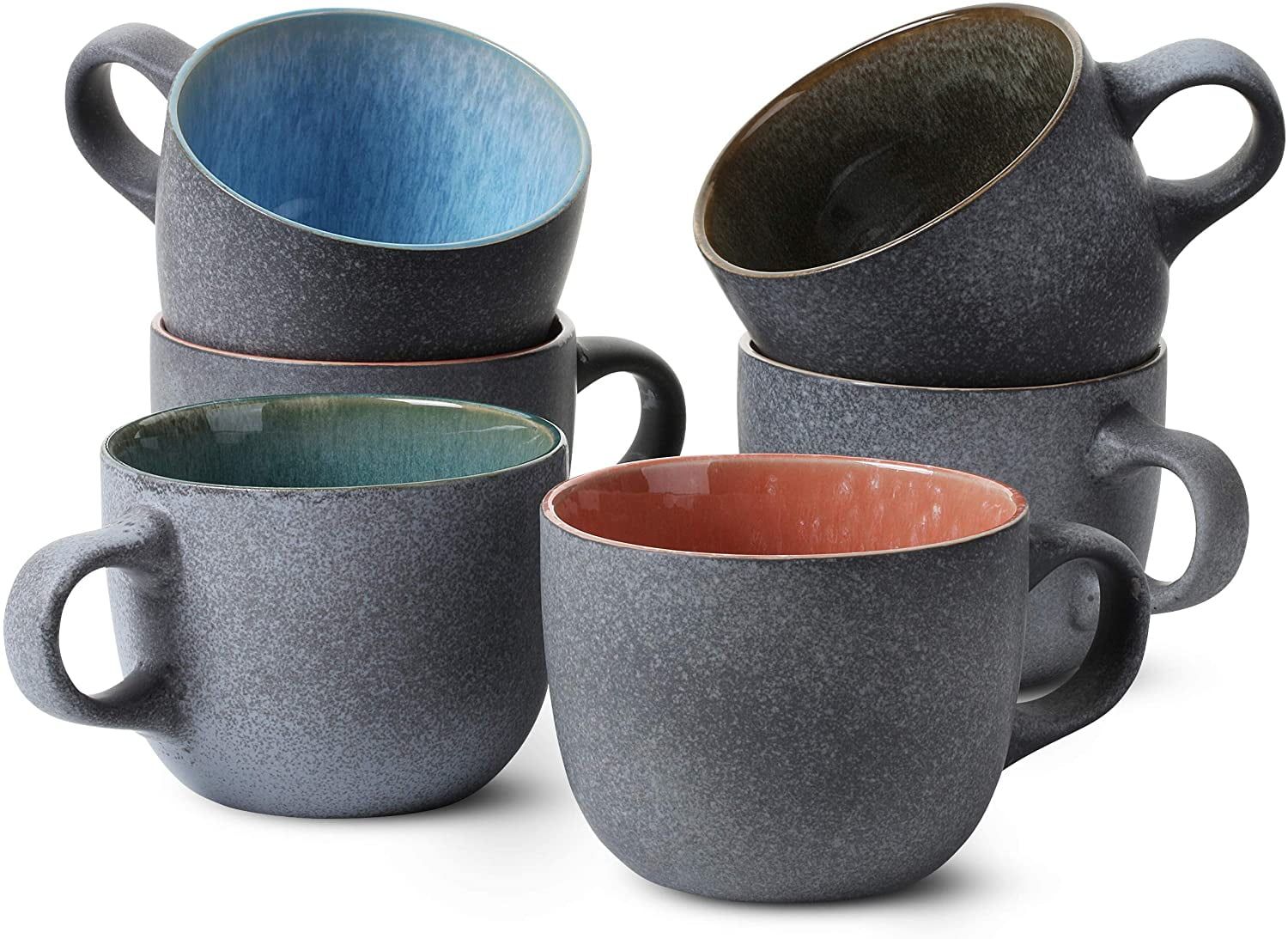 Rustic Matte Black Ceramic Coffee Mug Set with Colorful Interiors, 14 oz, Set of 6