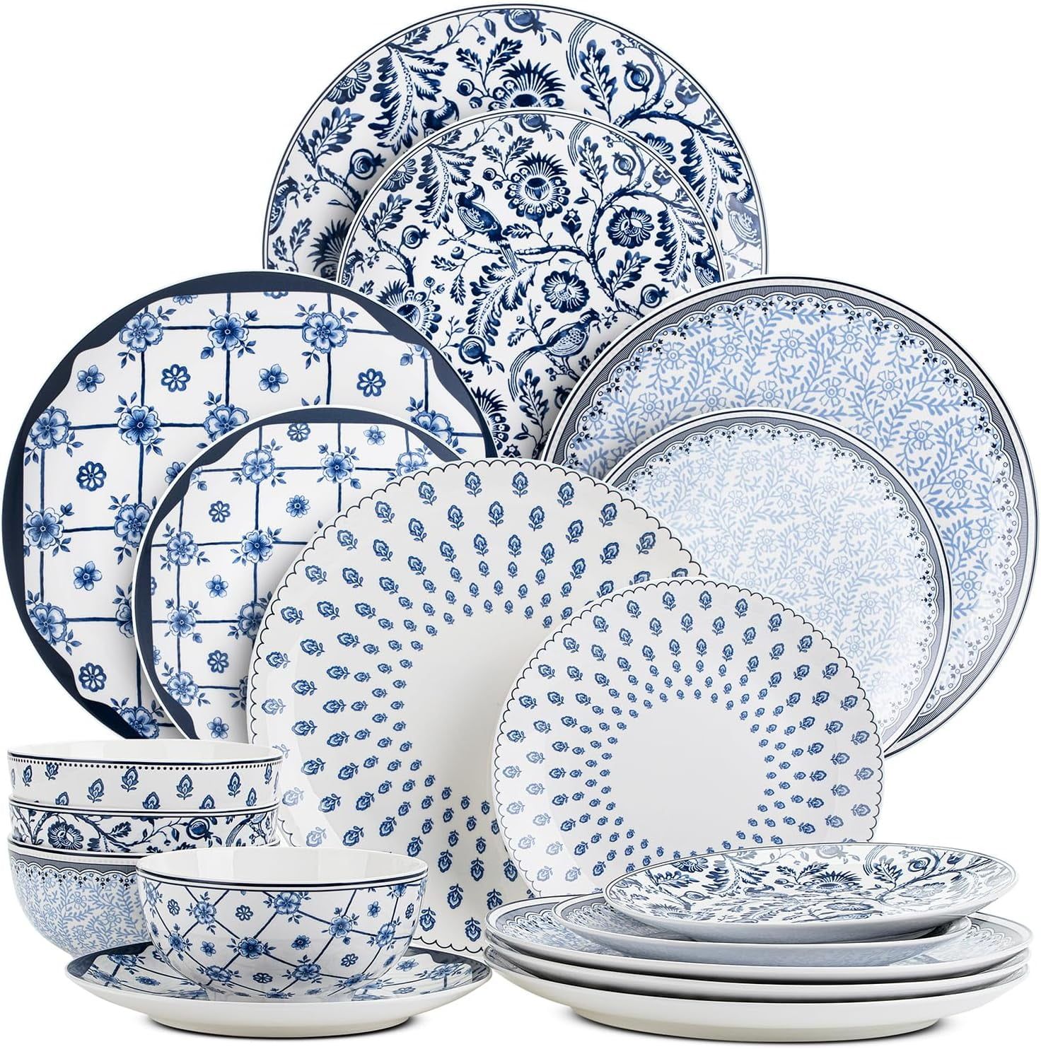 White and Blue Ceramic 12-Piece Dinnerware Set for 4