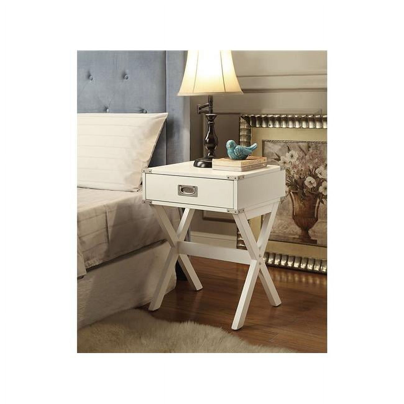 White Wood and Metal Rectangular End Table with Storage Drawer