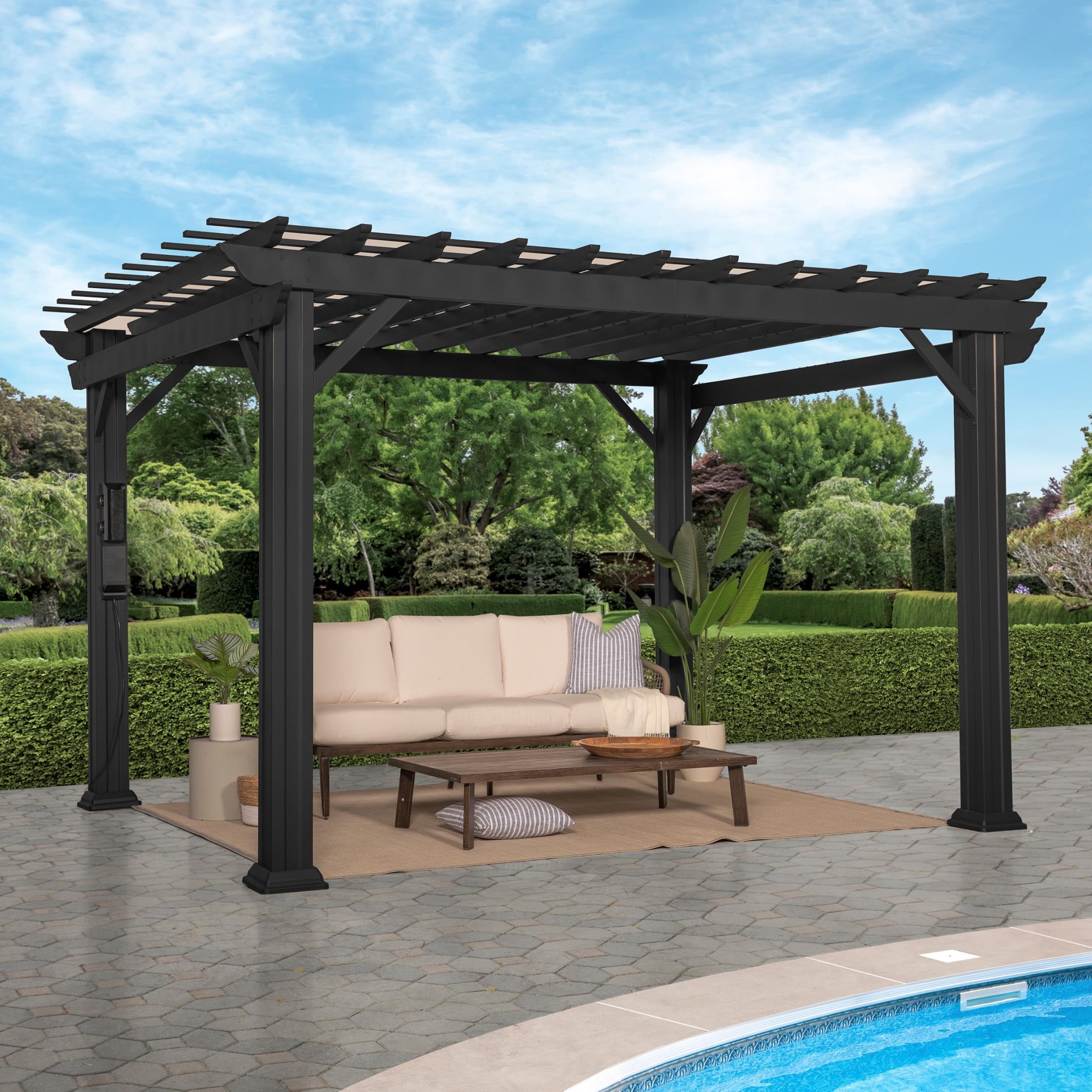 Stratford Black Steel Pergola with Soft Shade Canopy