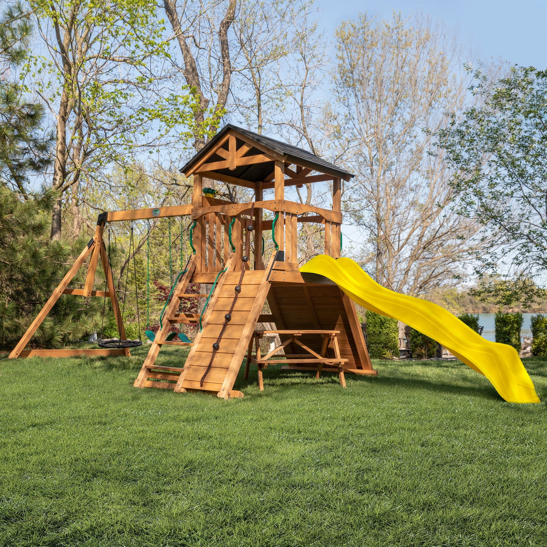 Endeavor II Cedar Wood Swing Set with Yellow Slide and Picnic Table