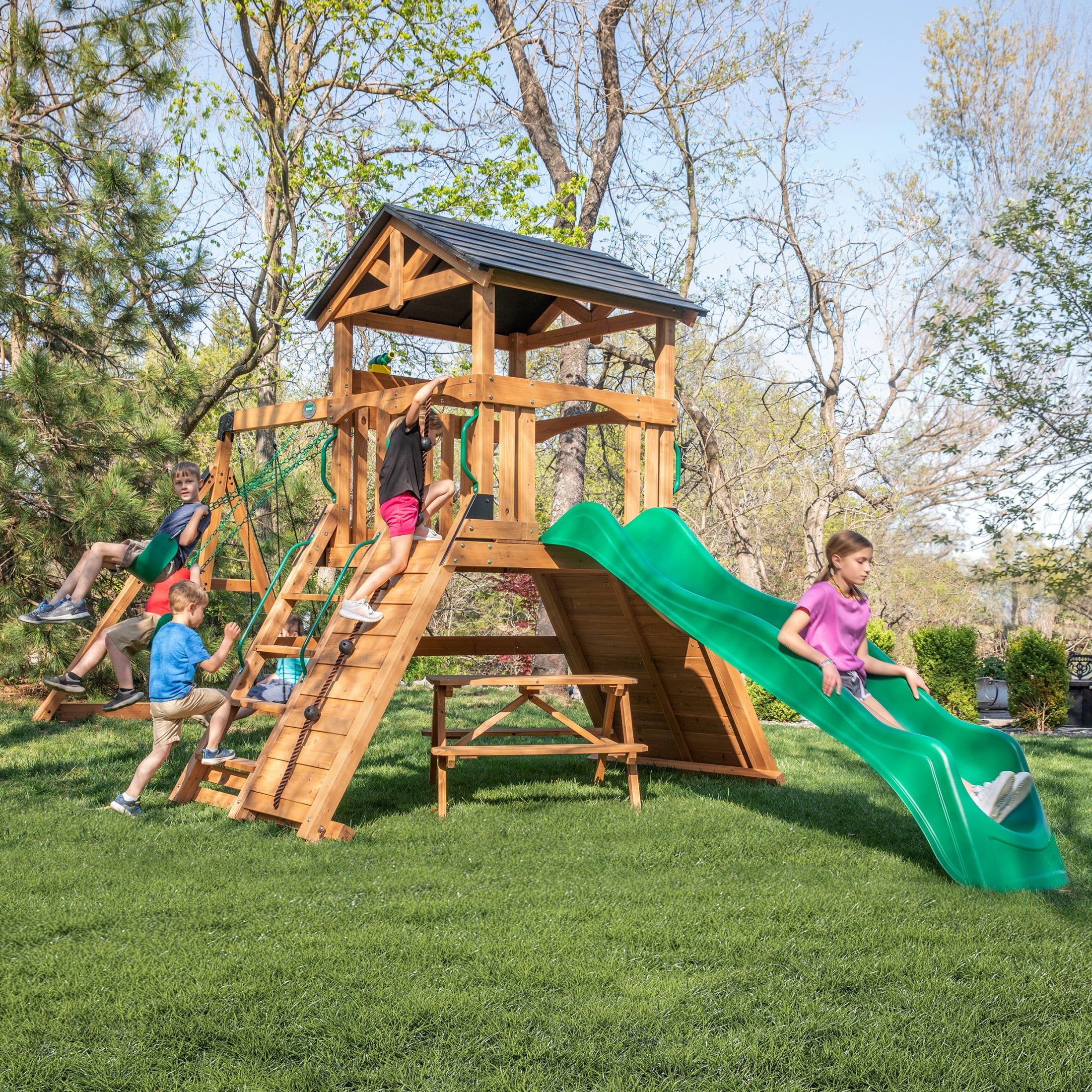 Endeavor II Cedar Swing Set with Slide and Climbing Wall