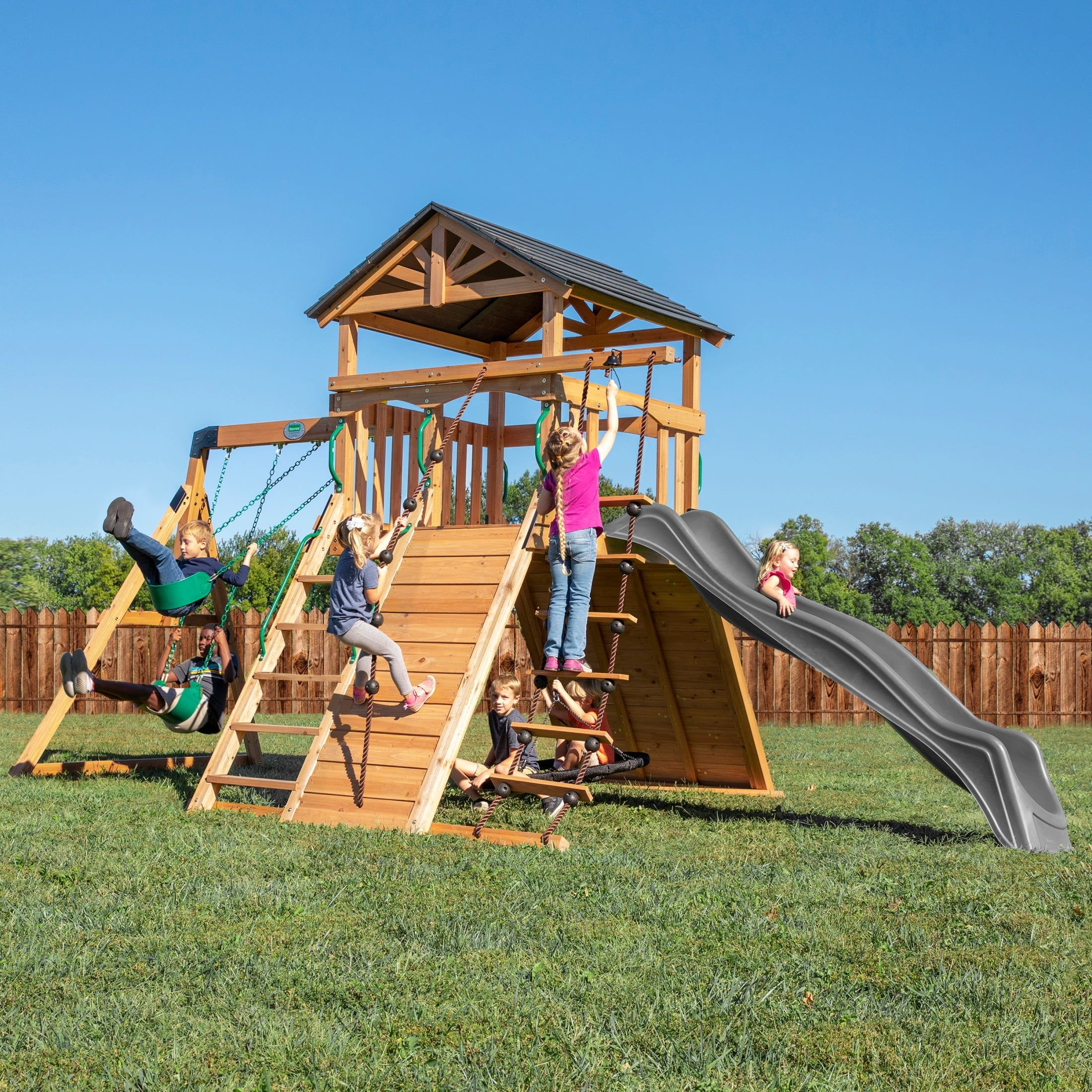 Endeavor Cedar Wood Swing Set with Gray Slide and Play Deck