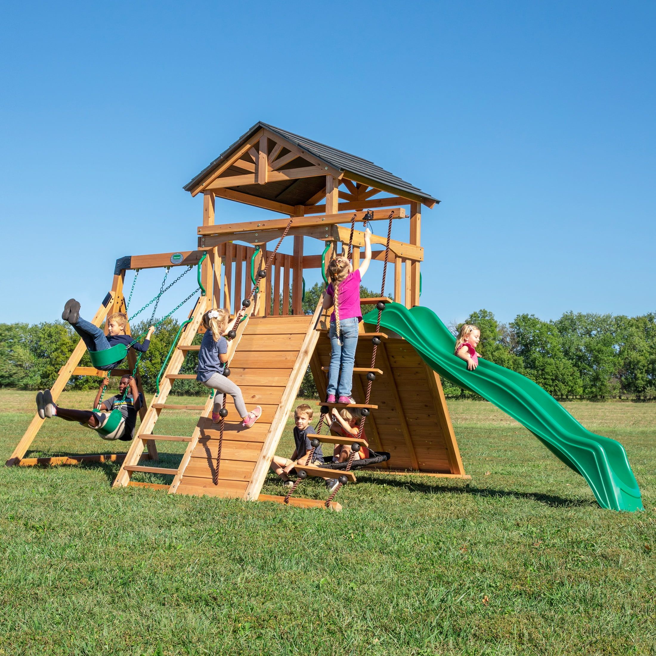 Endeavor Cedar Wood Swing Set with Slide and Play Deck