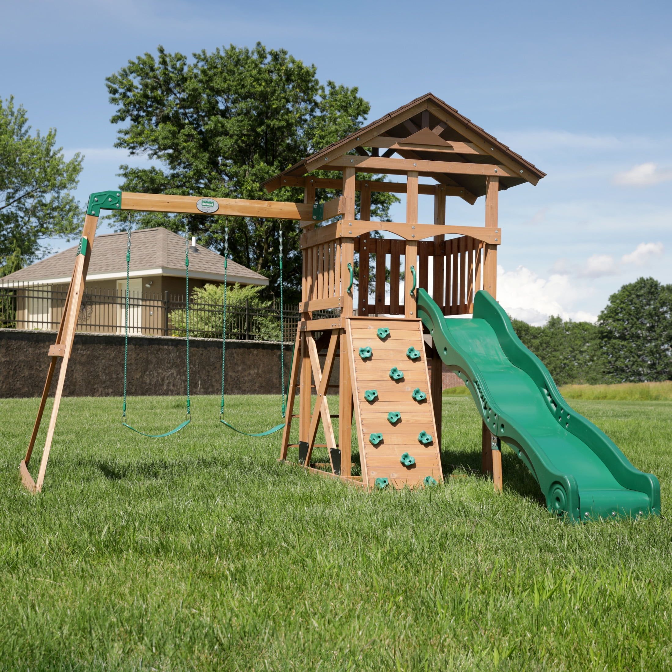 Cedar Wood Outdoor Swing Set with Slide and Fort