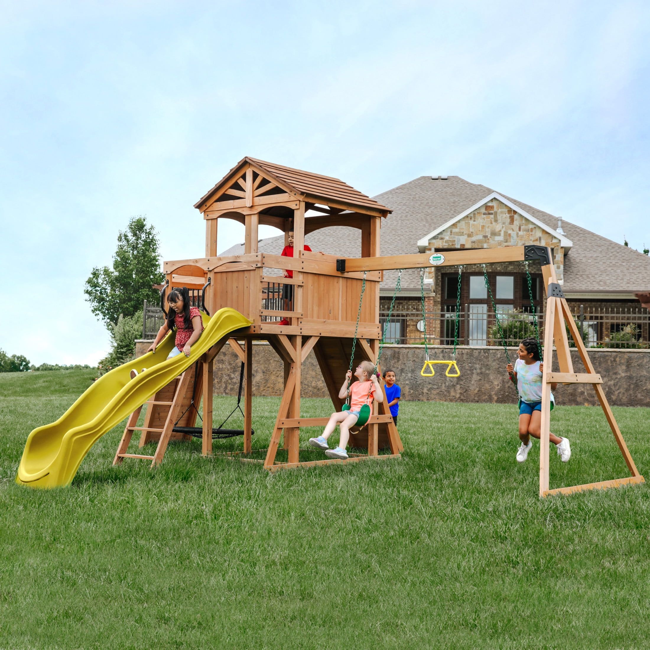 Sterling Point Wooden Swing Set with Yellow Slide