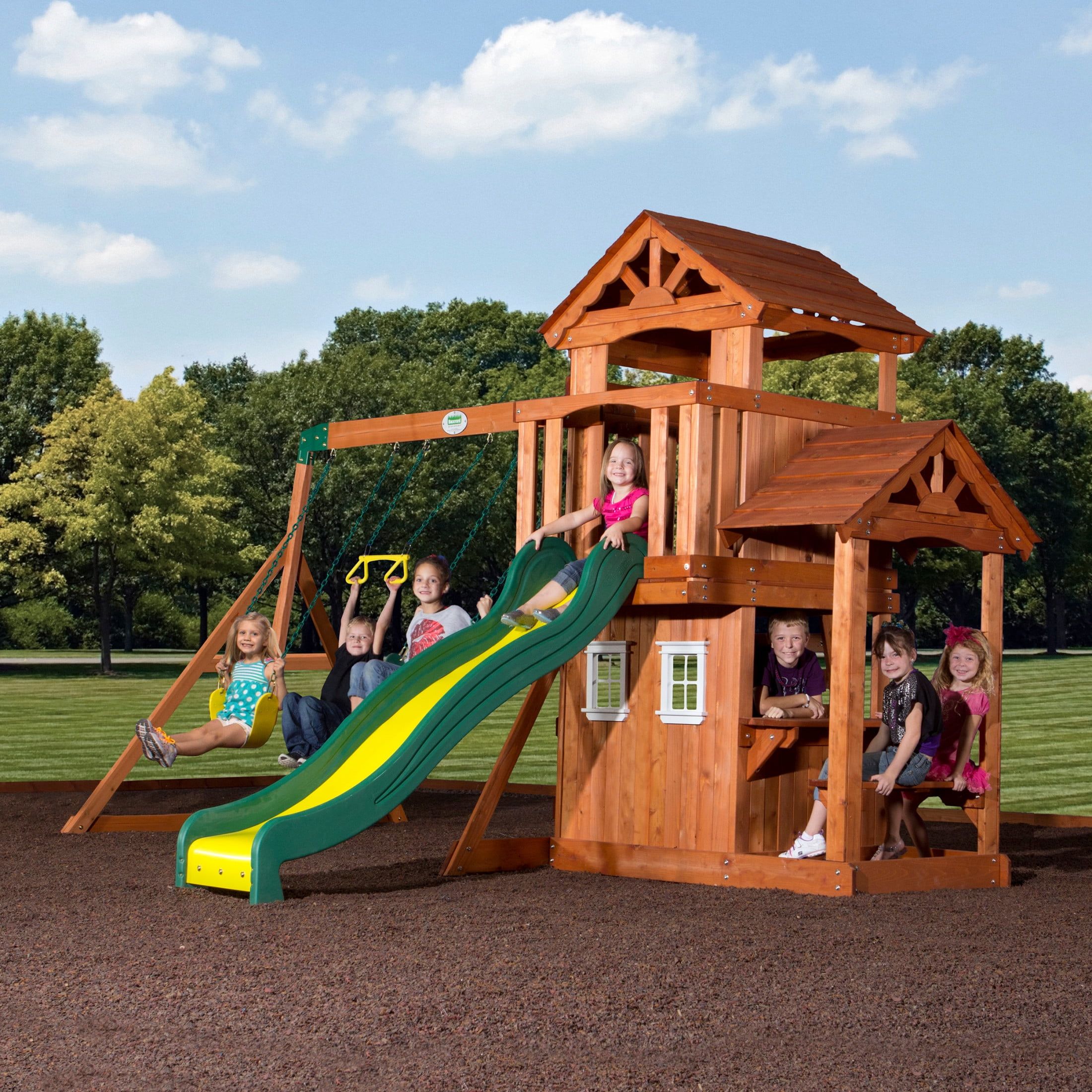 Tanglewood Wooden Outdoor Swing Set with Slide and Fort