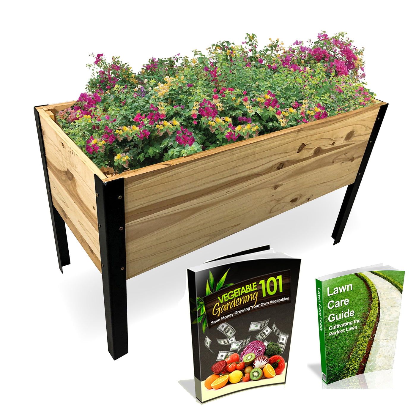 Natural Wood and Steel Raised Garden Bed Planter