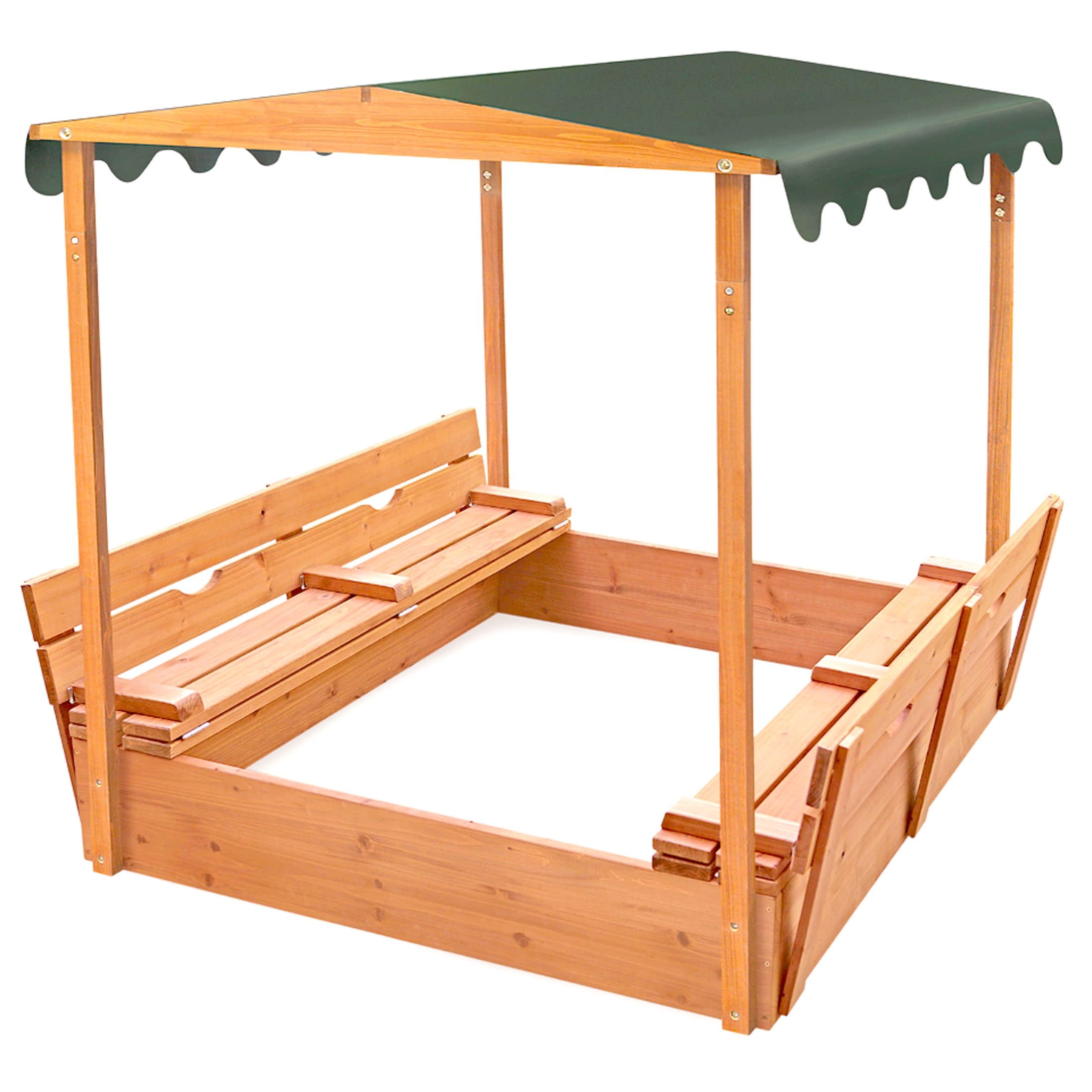 Natural Cedar Sandbox with Hunter Green Canopy and Benches