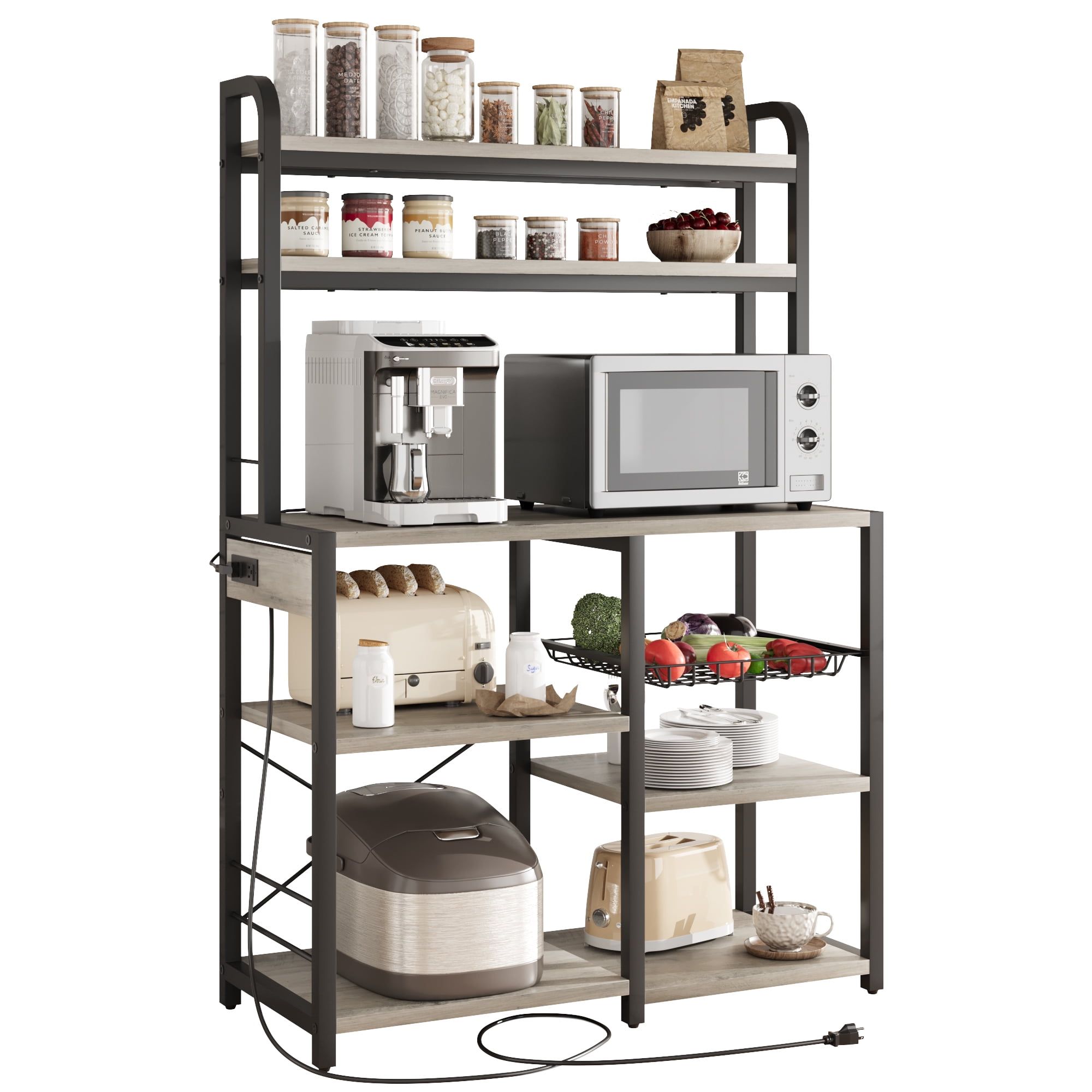 Rustic Brown Adjustable 6-Tier Baker's Rack with Power Outlet