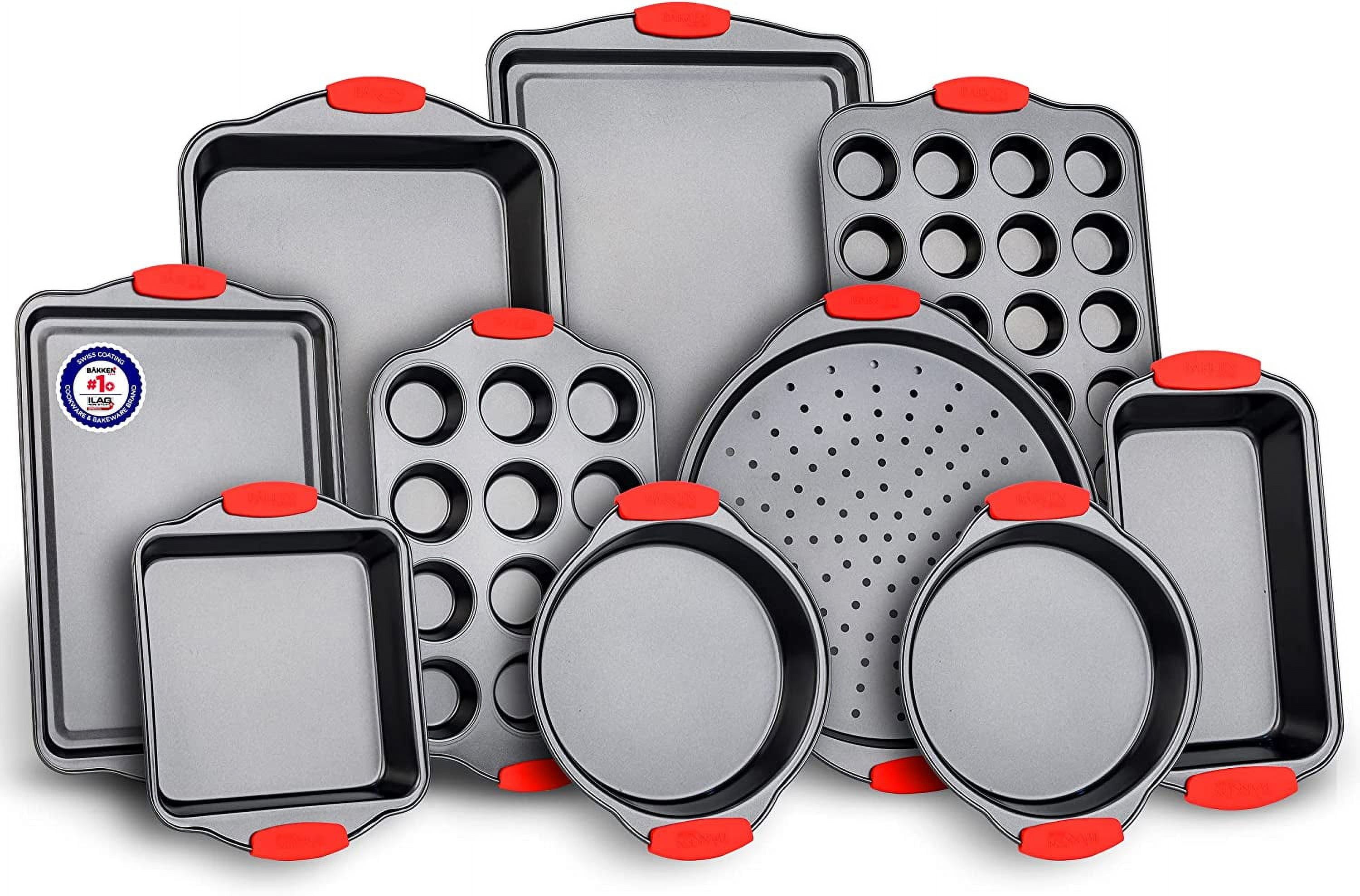 10-Piece Non-Stick Carbon Steel Bakeware Set with Red Silicone Handles