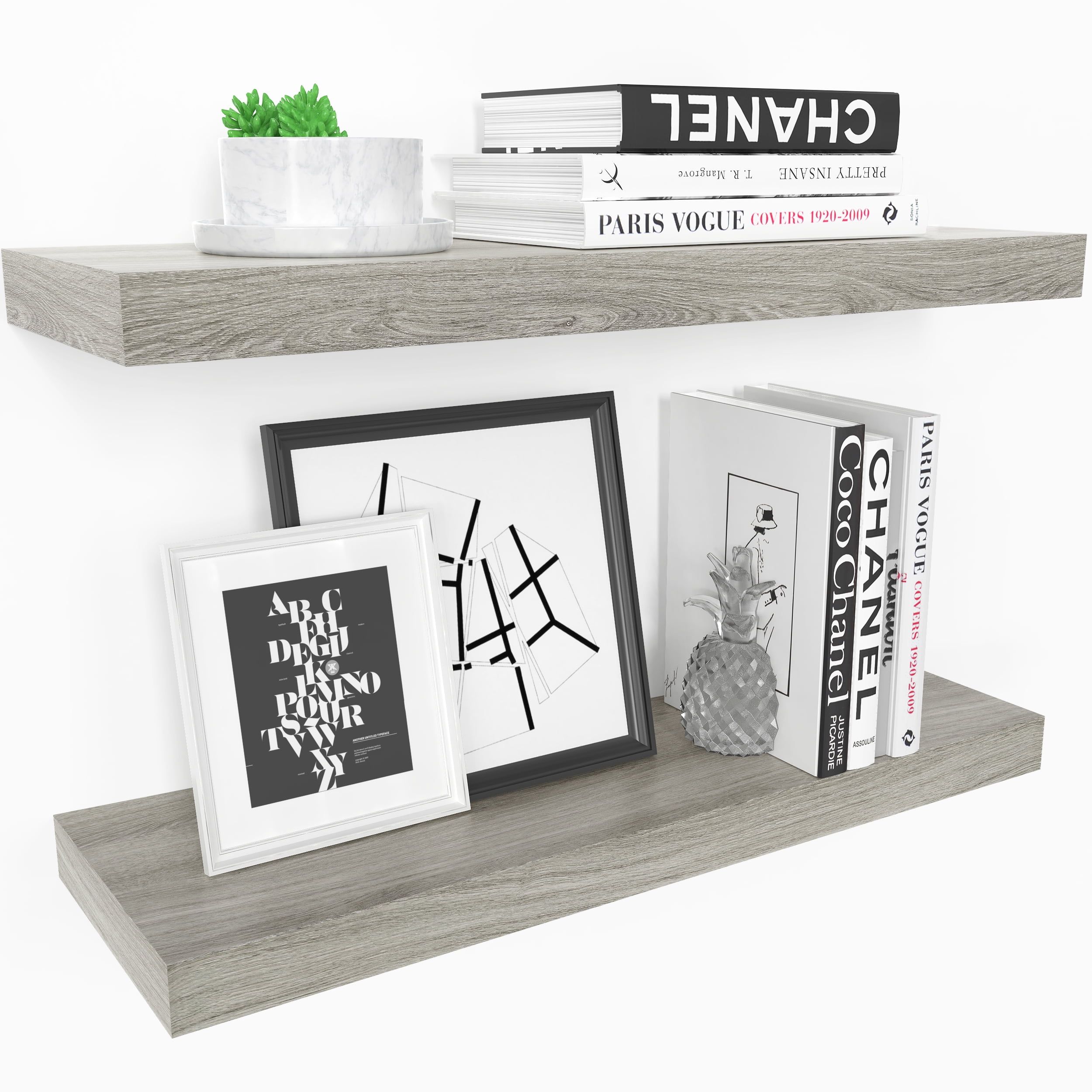 Gray Oak 24" Floating Wall Shelves Set with Invisible Brackets