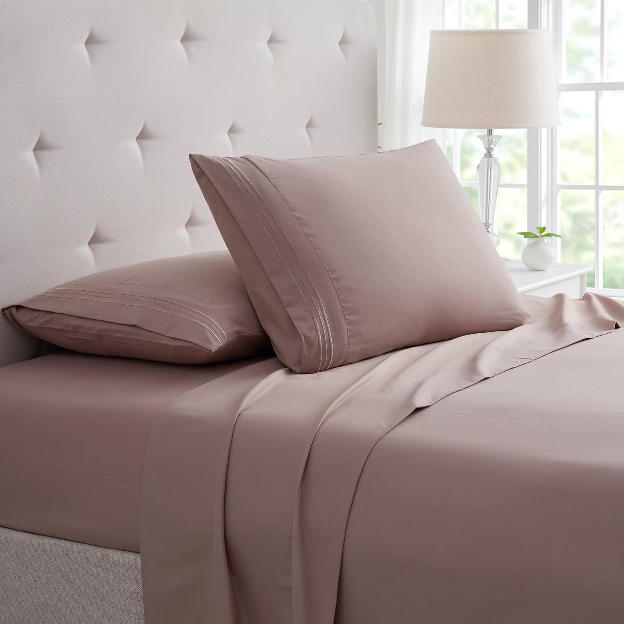 Taupe Twin Bamboo Microfiber Embroidered Deep Pocket Sheet Set