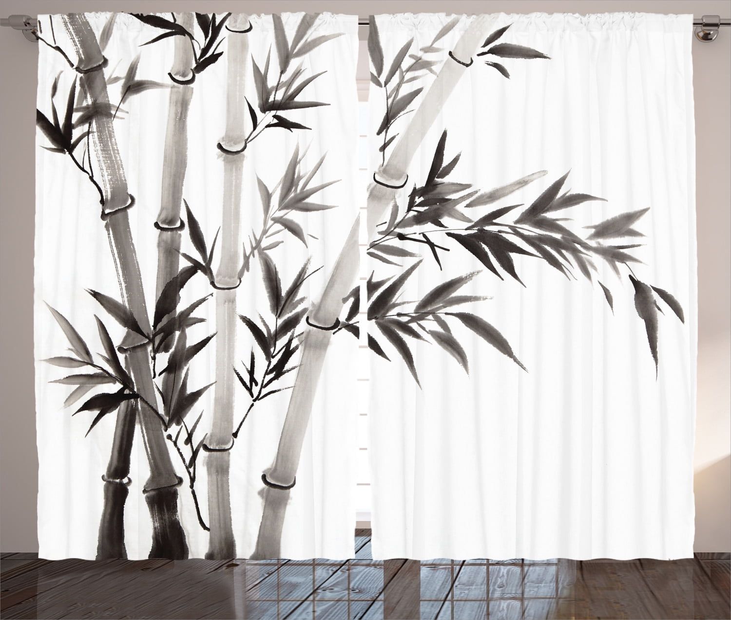 White and Gray Bamboo Print Polyester Rod Pocket Curtains