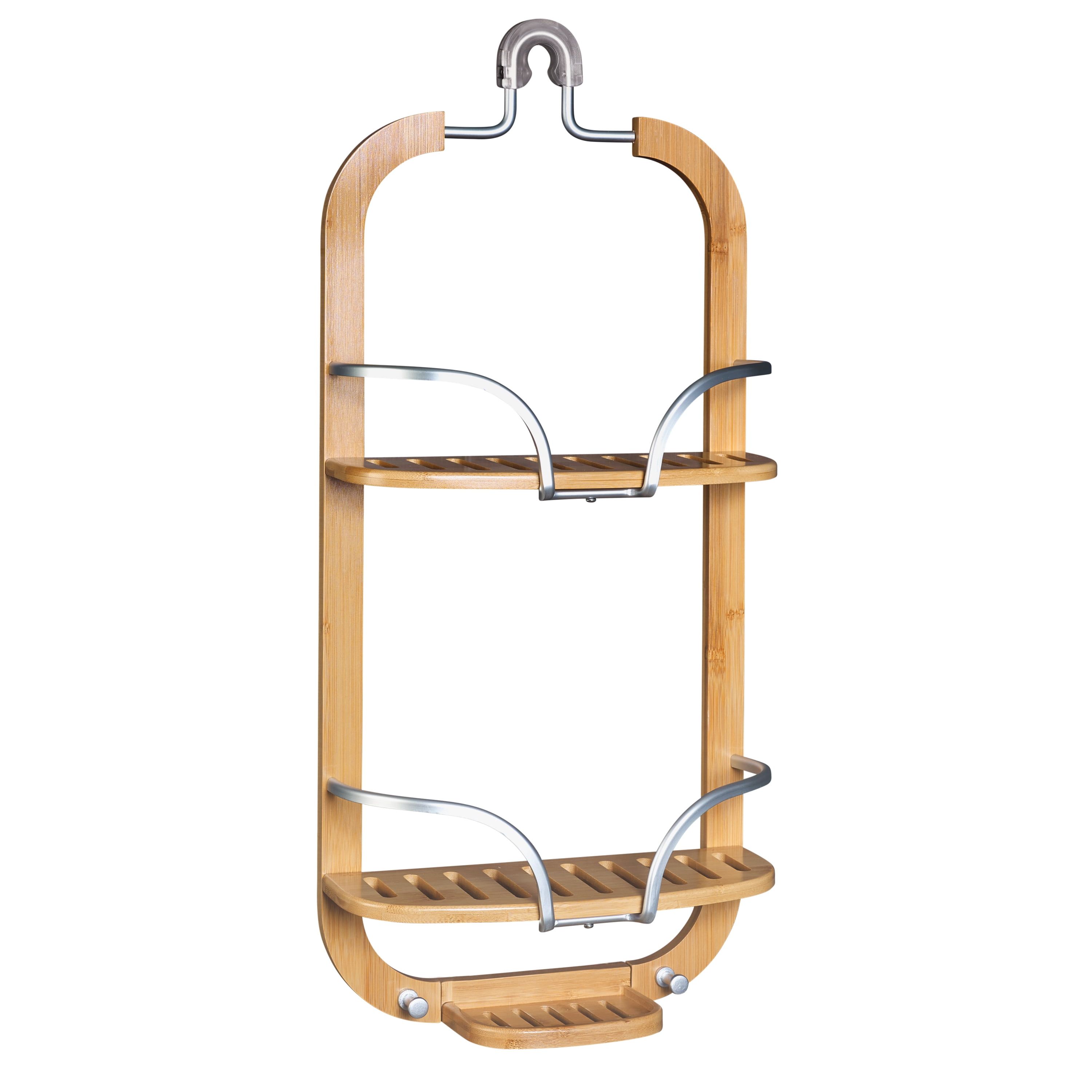 Bamboo and Aluminum 2-Shelf Shower Caddy with Hooks