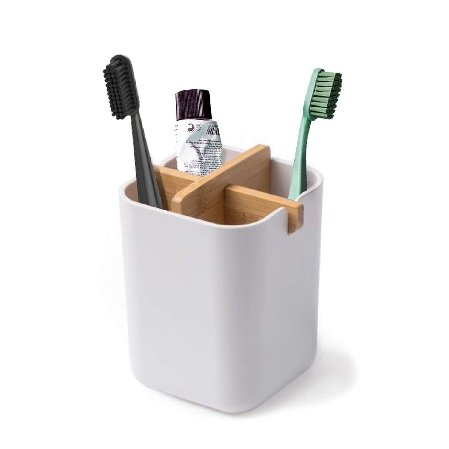 White Bamboo and Acrylic Toothbrush Holder with 4 Slots