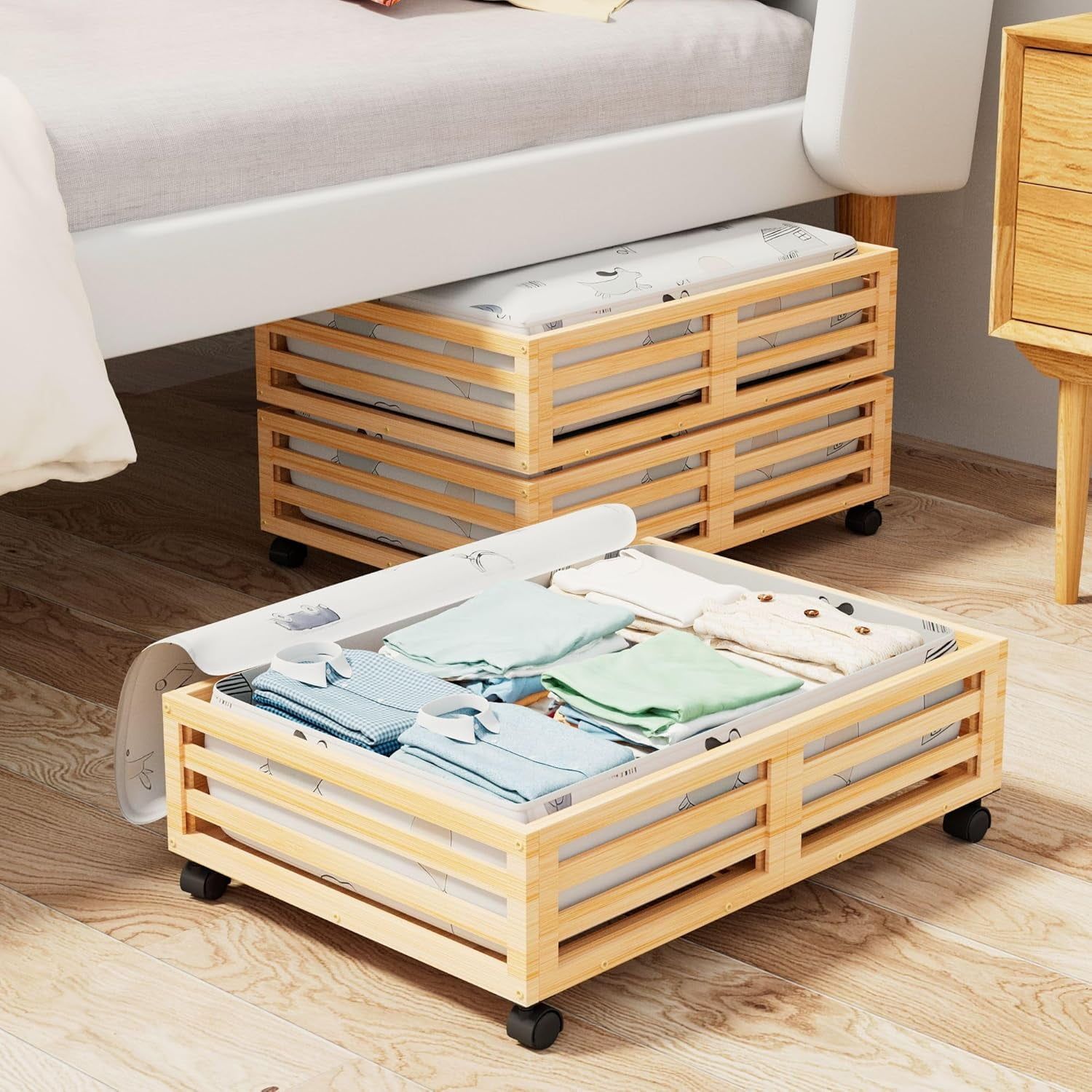 Natural Bamboo Stackable Under Bed Storage with Wheels, Small