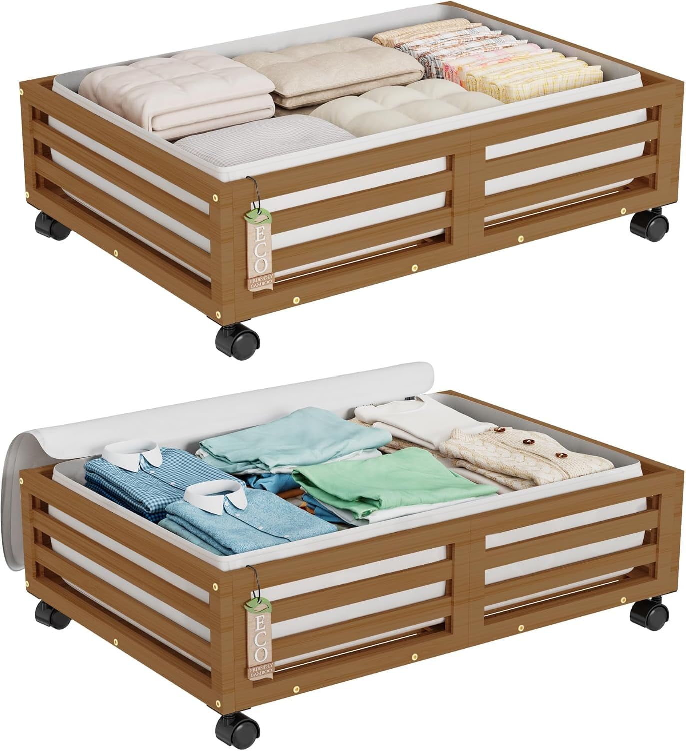 Walnut Bamboo Stackable Under Bed Storage with Wheels