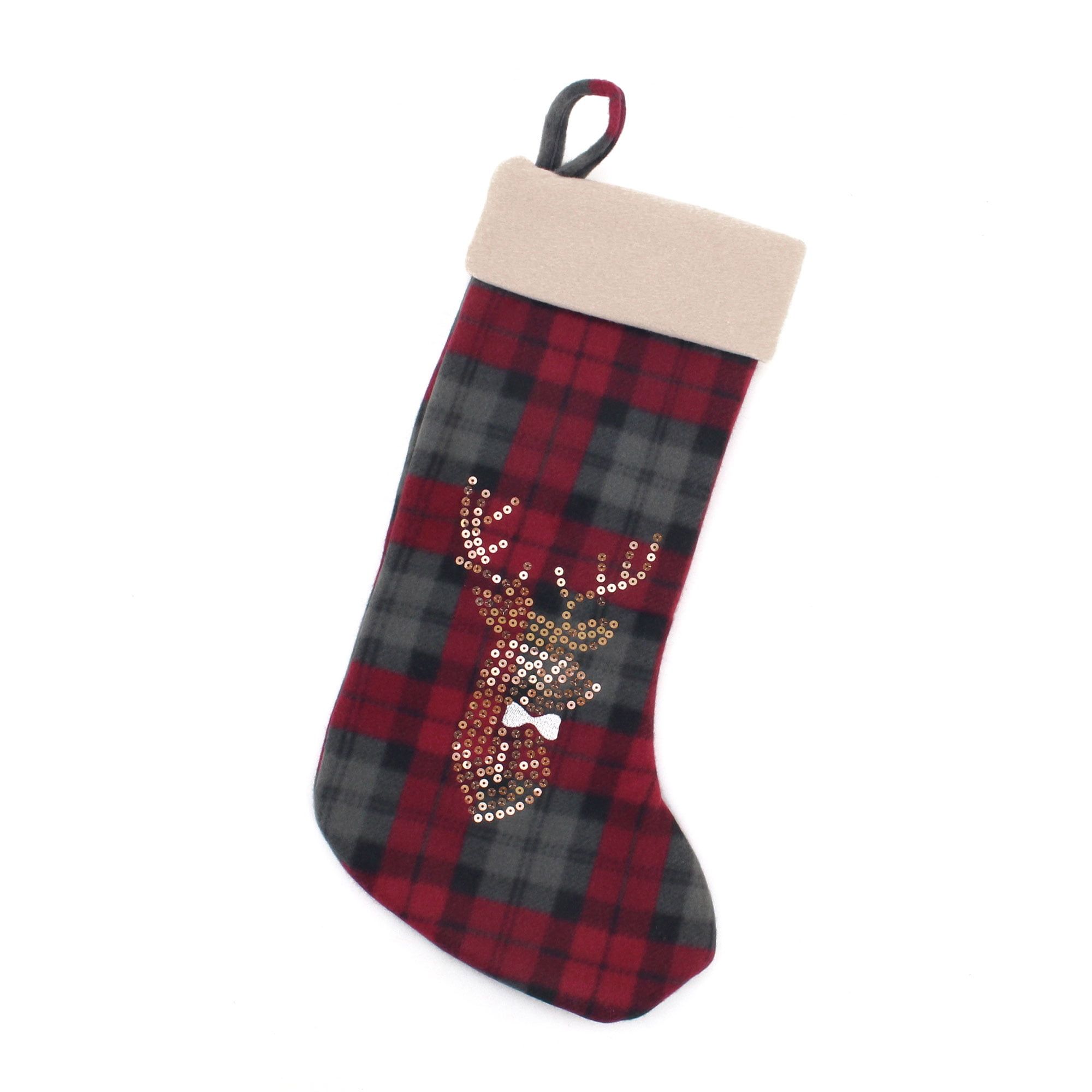 18" Red and Gray Plaid Hand Embroidered Reindeer Christmas Stocking