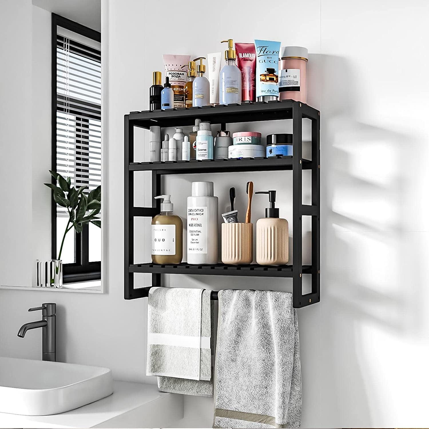 Black Adjustable Wall-Mounted Bathroom Shelf with Towel Rod