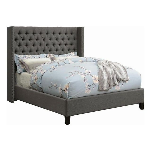 Gray Tufted Upholstered California King Bed with Nailhead Trim