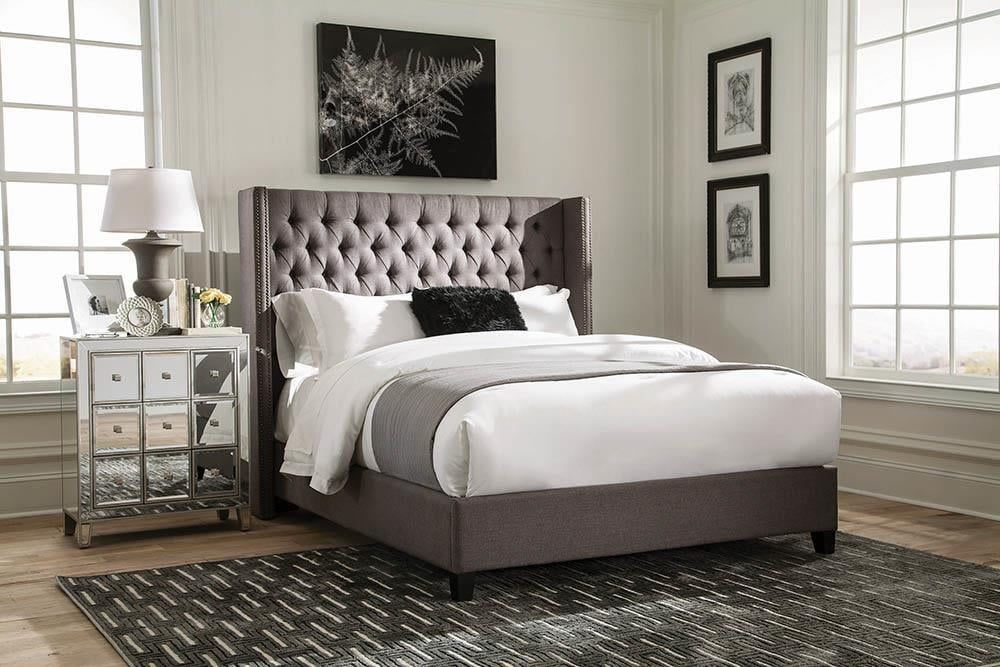Gray Tufted Upholstered Queen Bed with Nailhead Trim