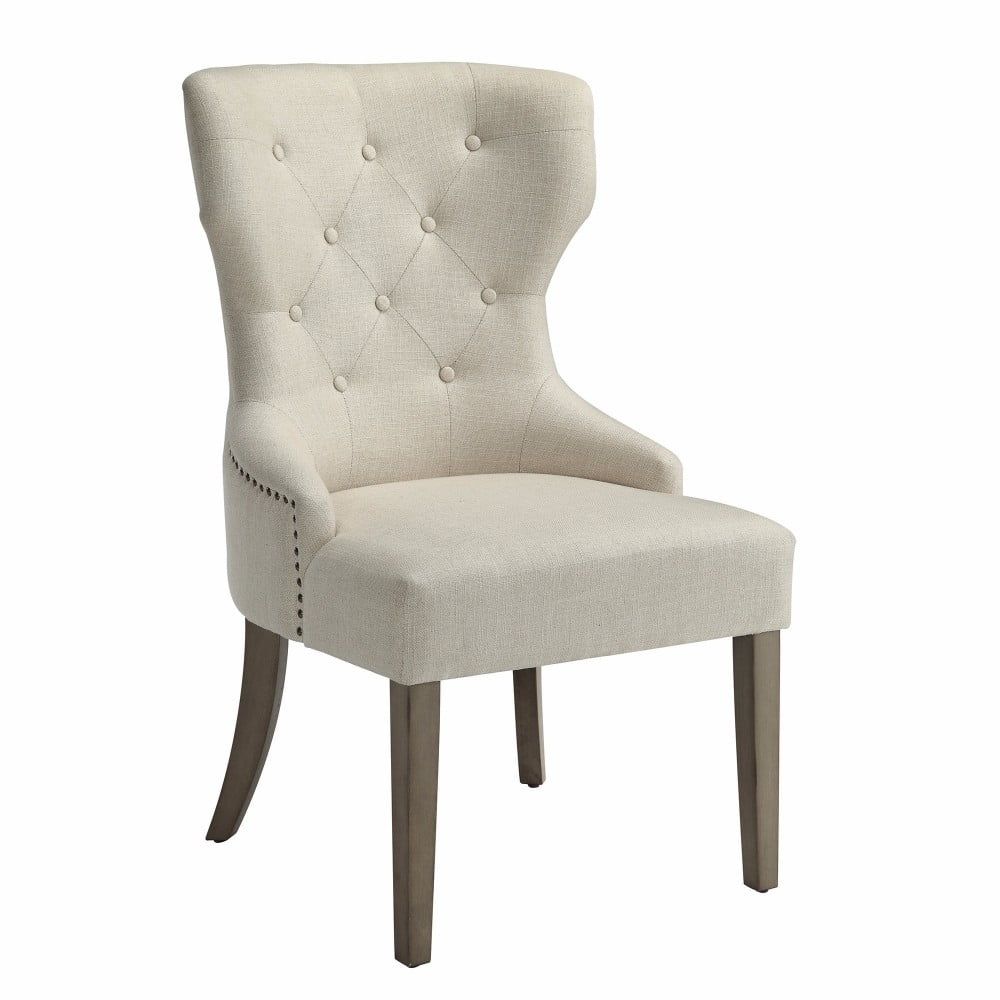 Beige Linen Upholstered Tufted High Back Side Chair