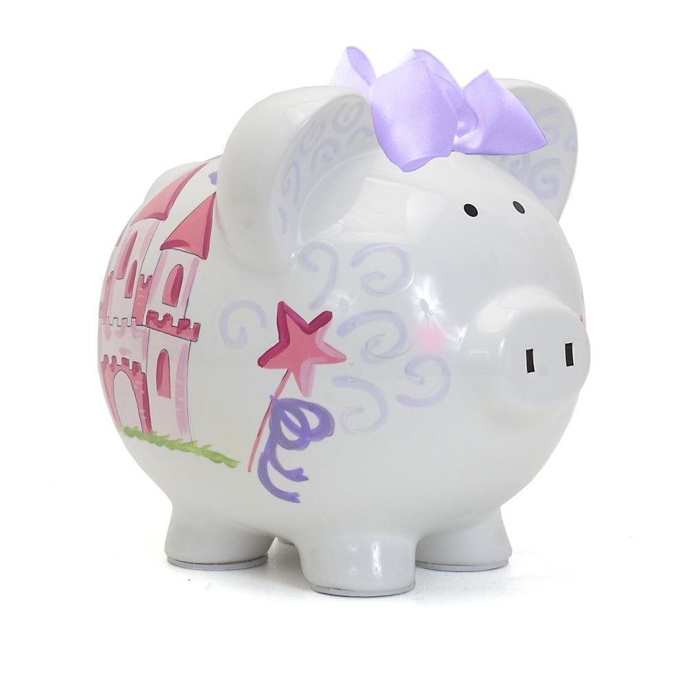 White Ceramic Fairy Castle Piggy Bank with Purple Bow