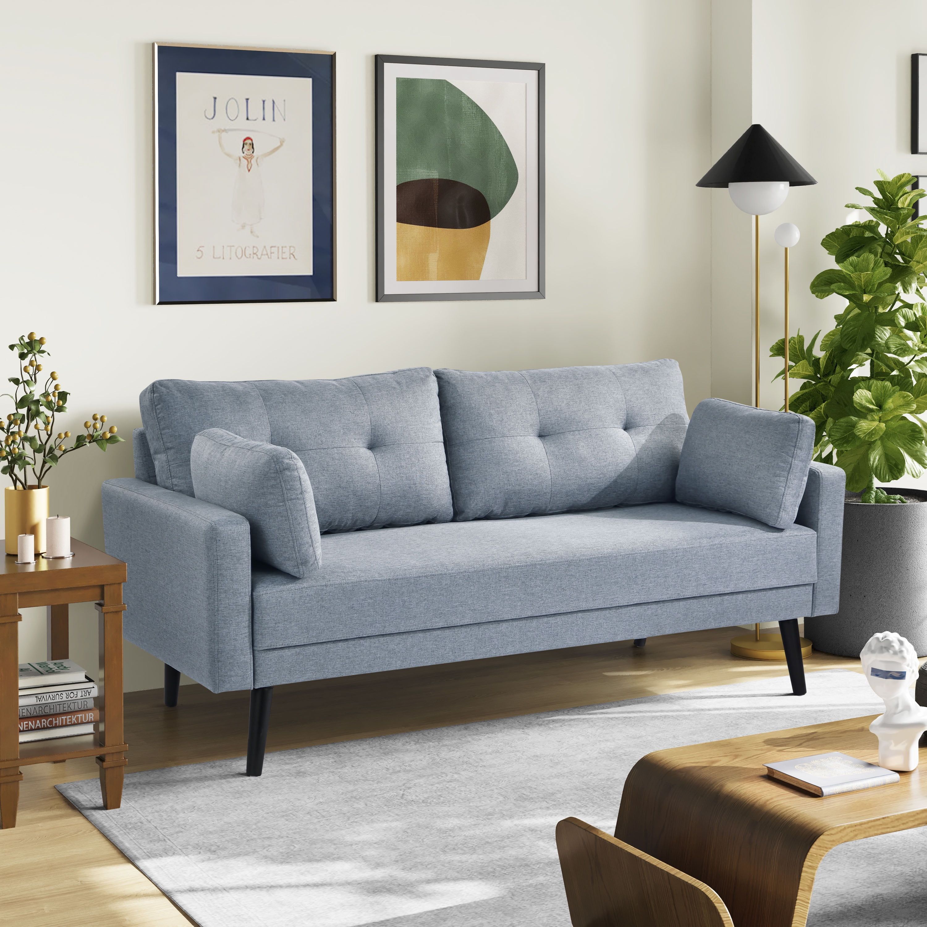 Light Gray Tufted Fabric 2-Seater Sofa with Pillow Back