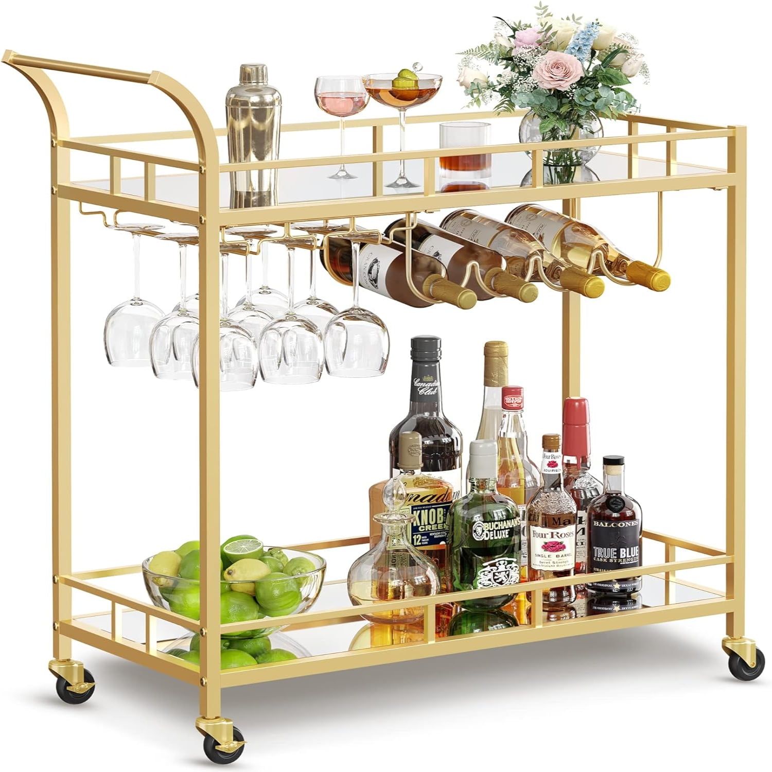 Gold Bar Cart with Mirrored Shelves and Wine Holders