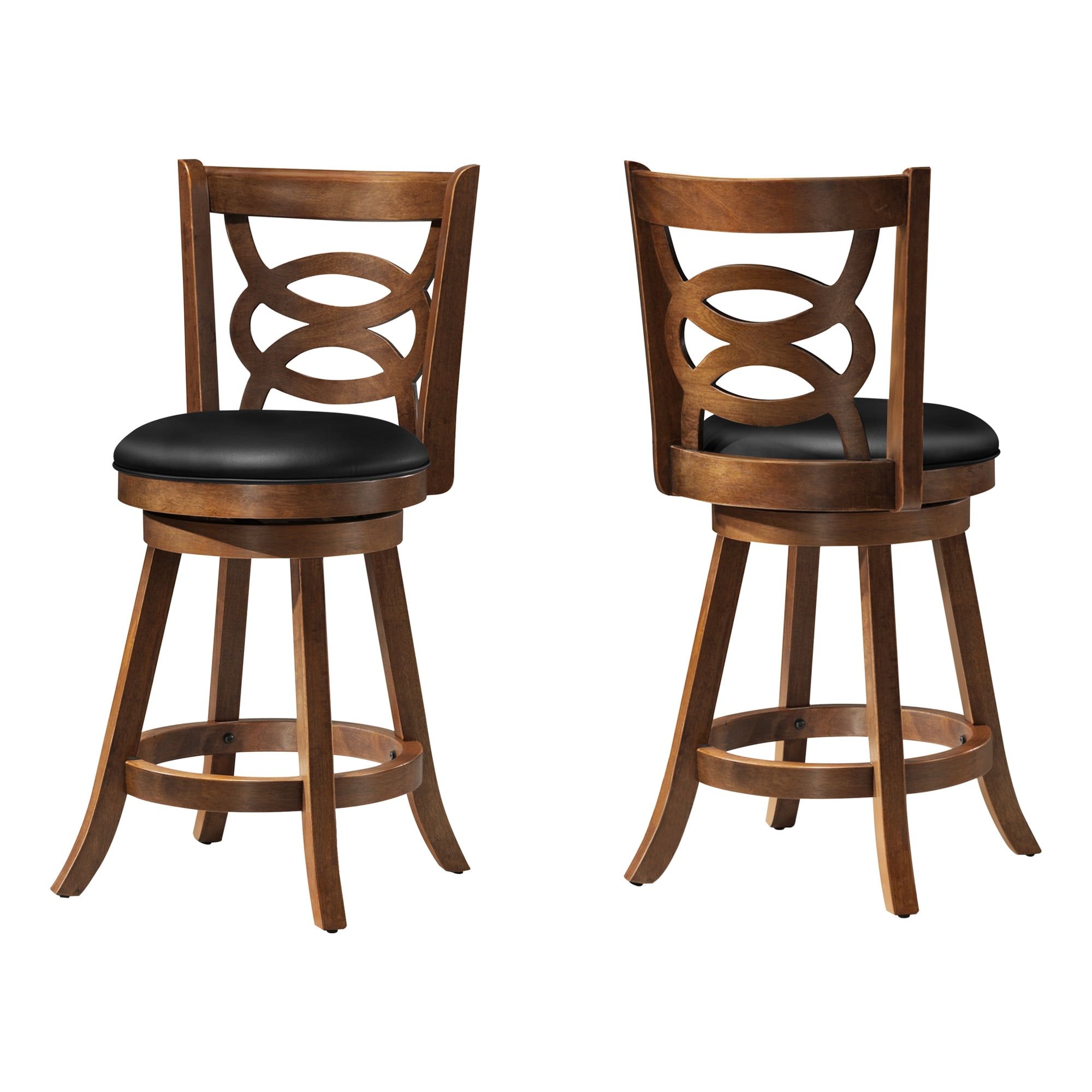 Transitional Oak and Black Leather Swivel Counter Stool, Set of 2