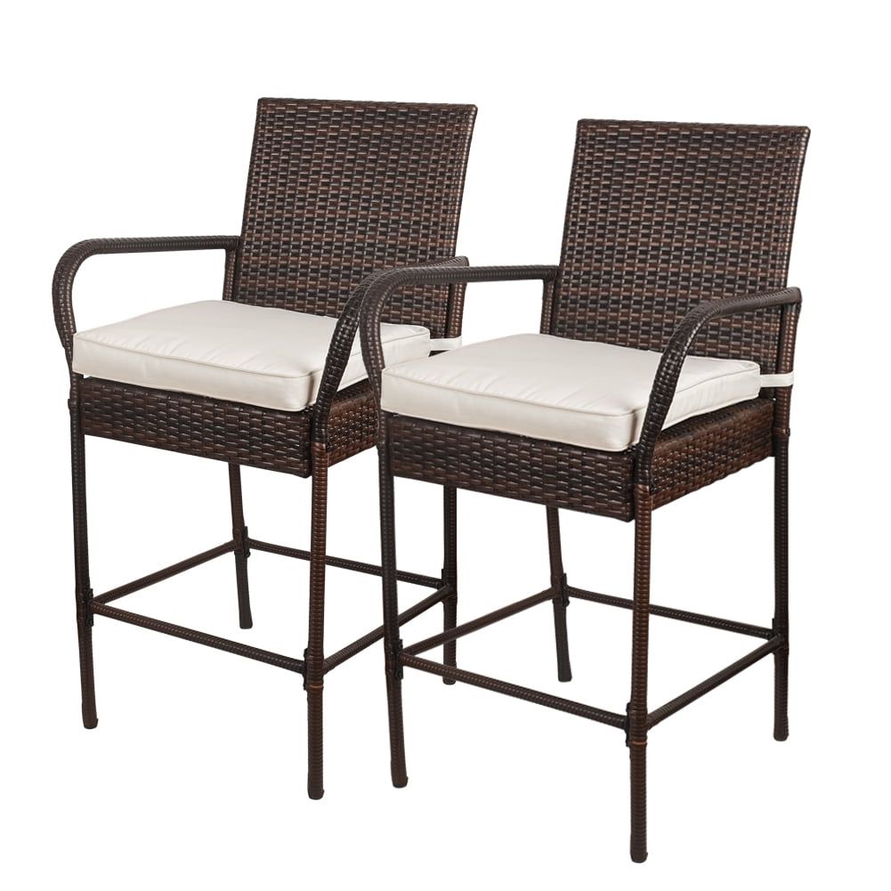 Outdoor Bar Height Wicker Chairs with Beige Cushions, Set of 2