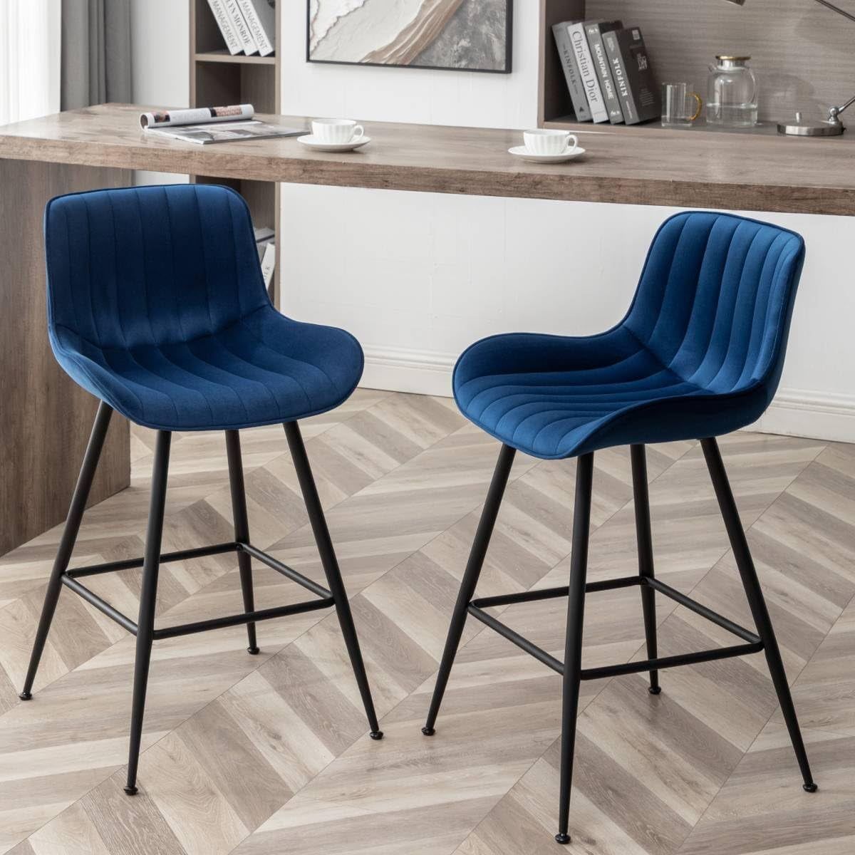 Blue Velvet Upholstered Modern Swivel Bar Stools, Set of 2