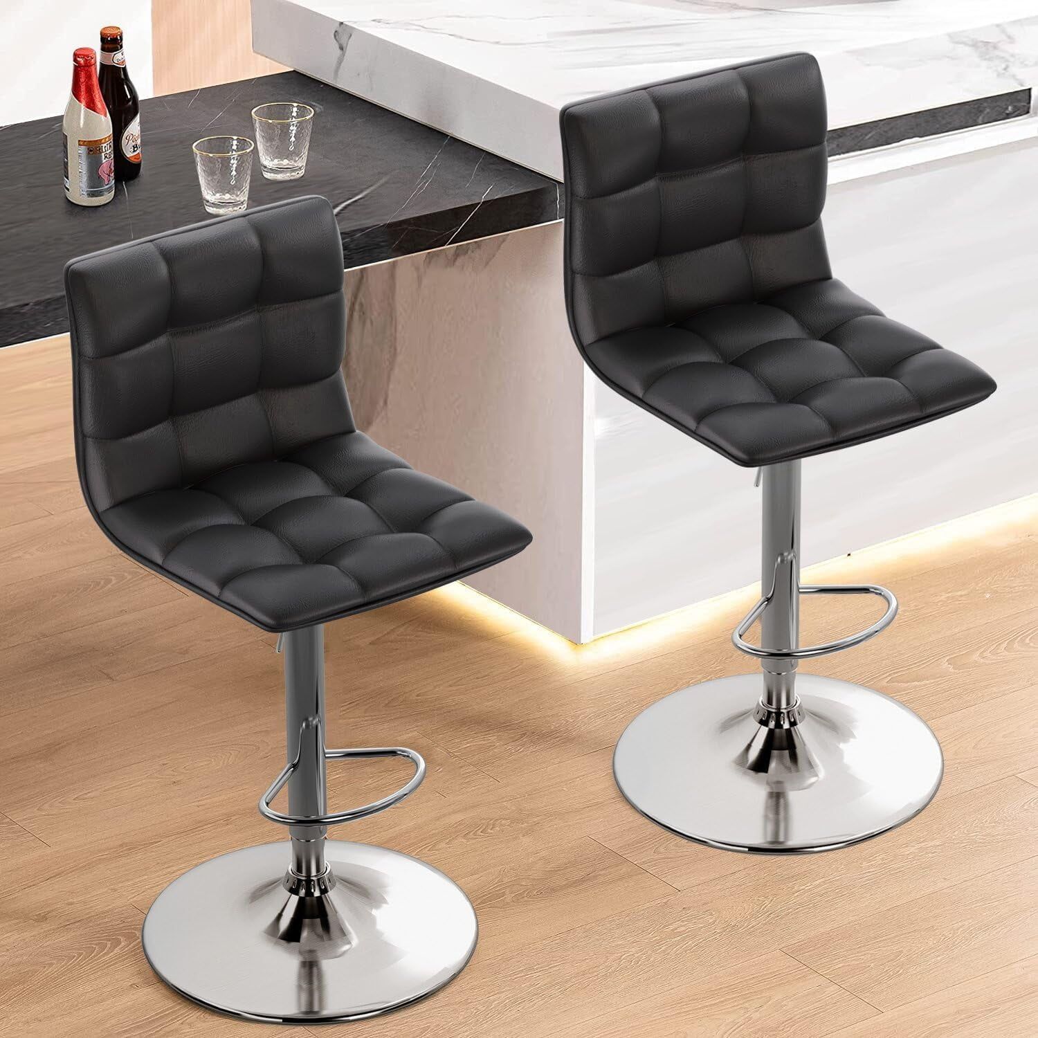 Black Adjustable Swivel Bar Stools with Chrome Base, Set of 2