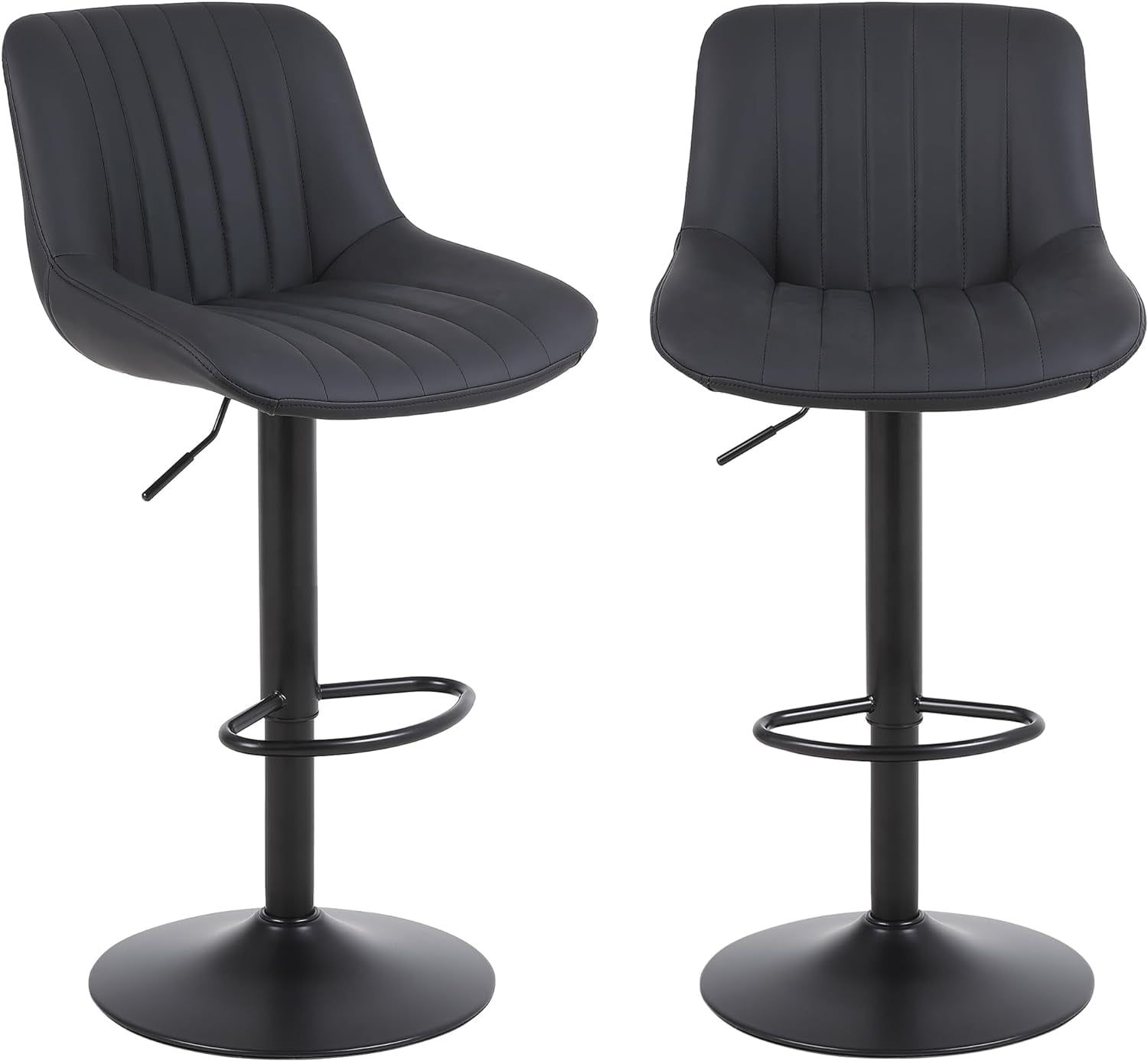 Adjustable Black Leather Swivel Bar Stools with Metal Pedestal Base, Set of 2