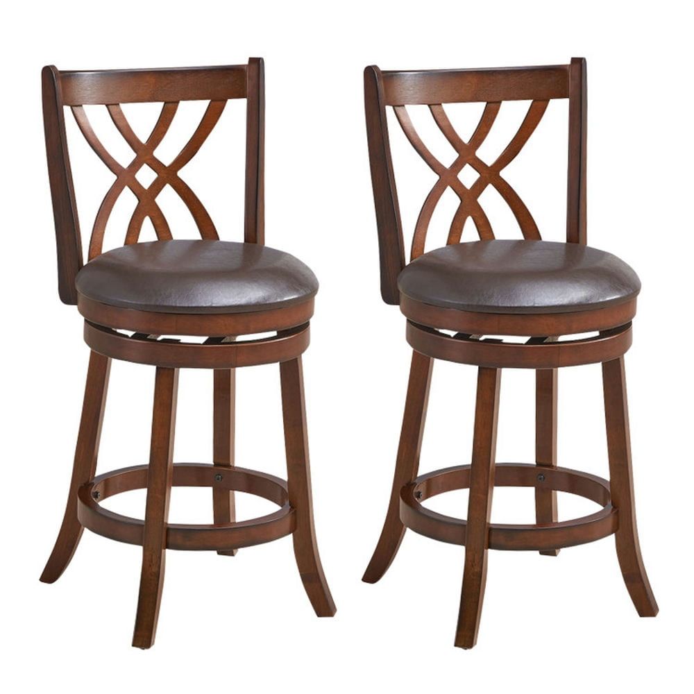 Brown Wood Swivel Bar Stools with Cushioned Seats