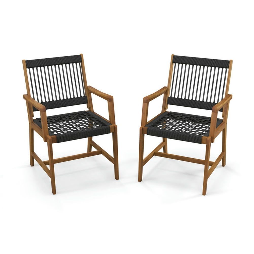 Set of 2 Black Rope Woven Acacia Wood Dining Chairs