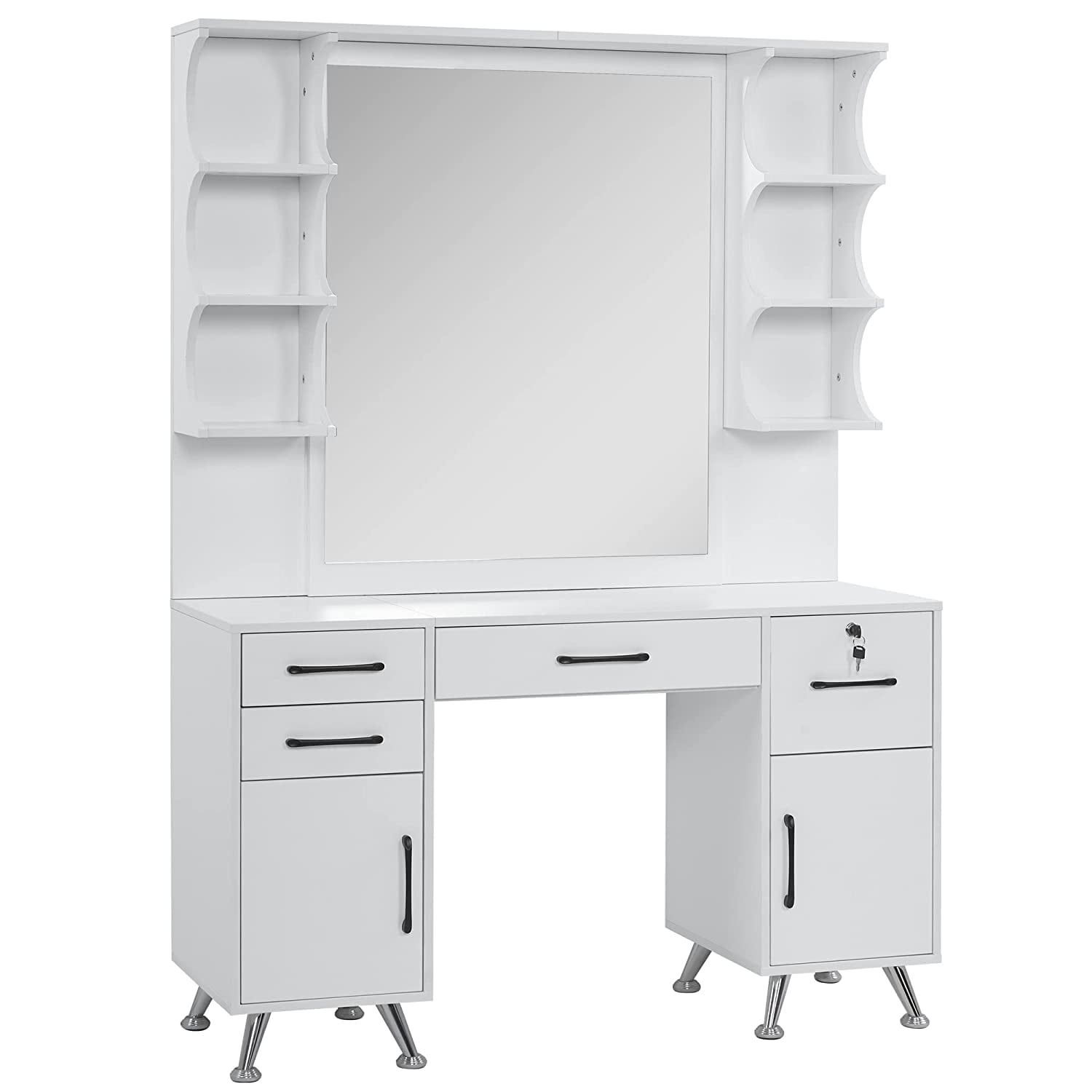 White Modern Vanity Table Set with Mirror and Storage