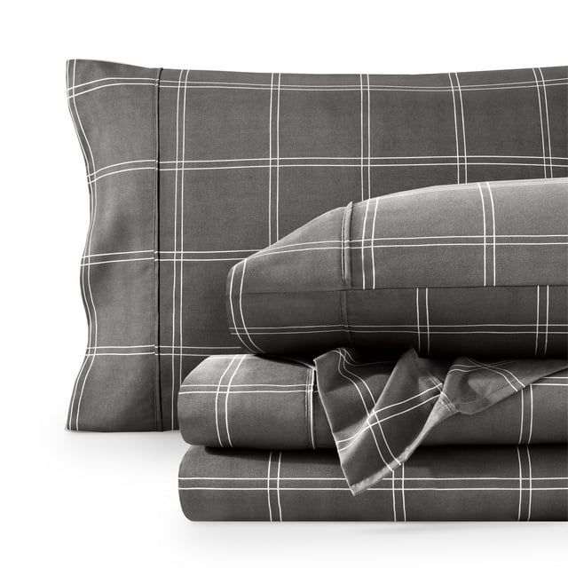 King Size Gray and White Microfiber Plaid Sheet Set