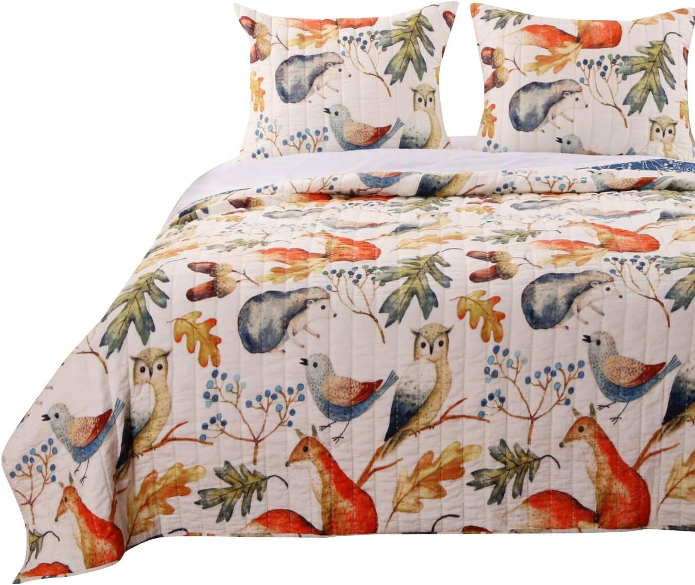 Forest Animals Reversible Full Microfiber Quilt Set in Blue