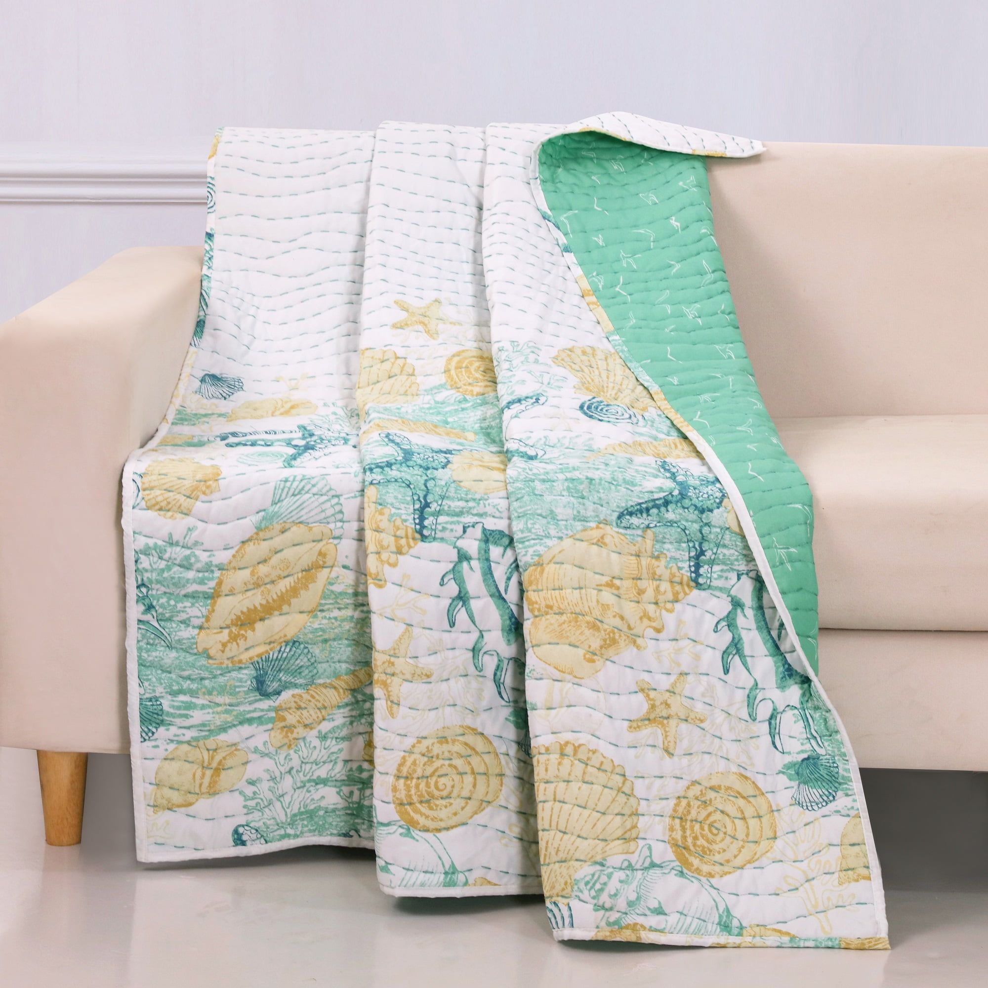 Seafoam and Gold Coastal Quilted Throw Blanket