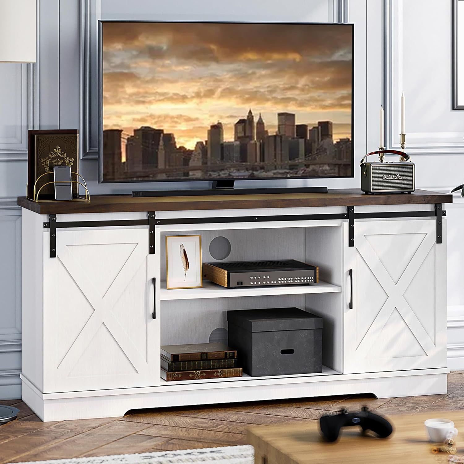 White Barn Door TV Stand with Storage Shelves