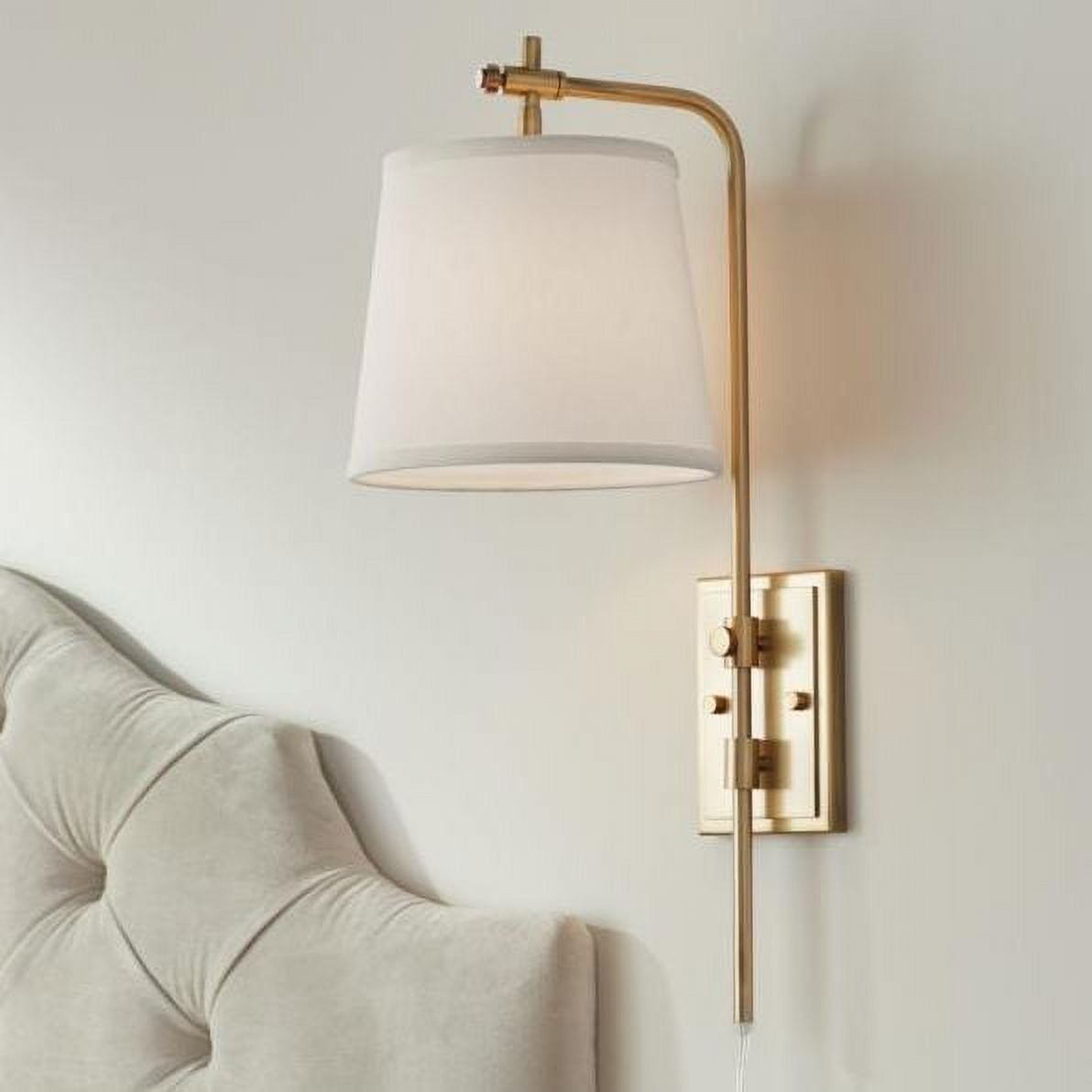 Gold Swing Arm Wall Sconce with Off-White Shade