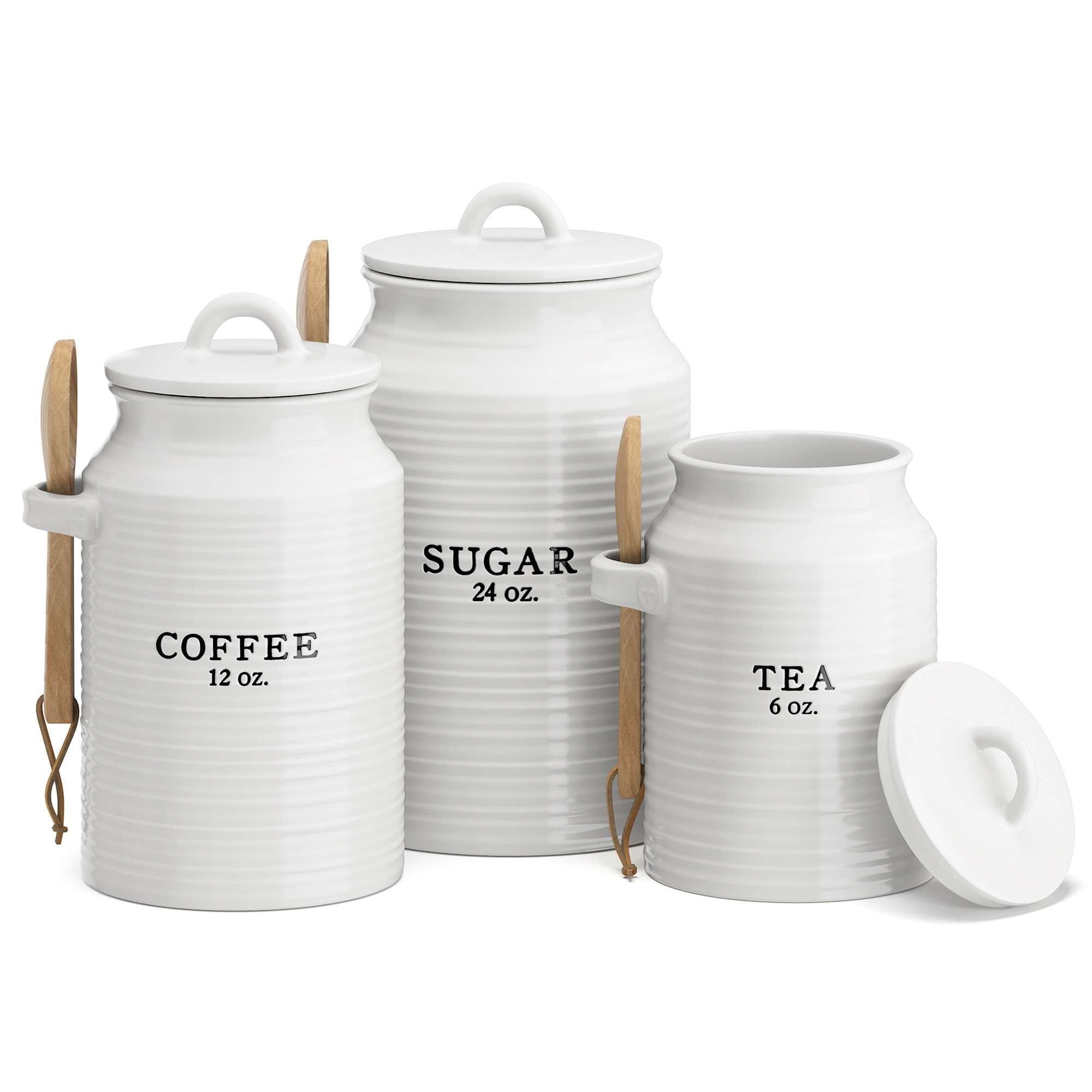 White Ceramic Farmhouse Canister Set with Wooden Spoons