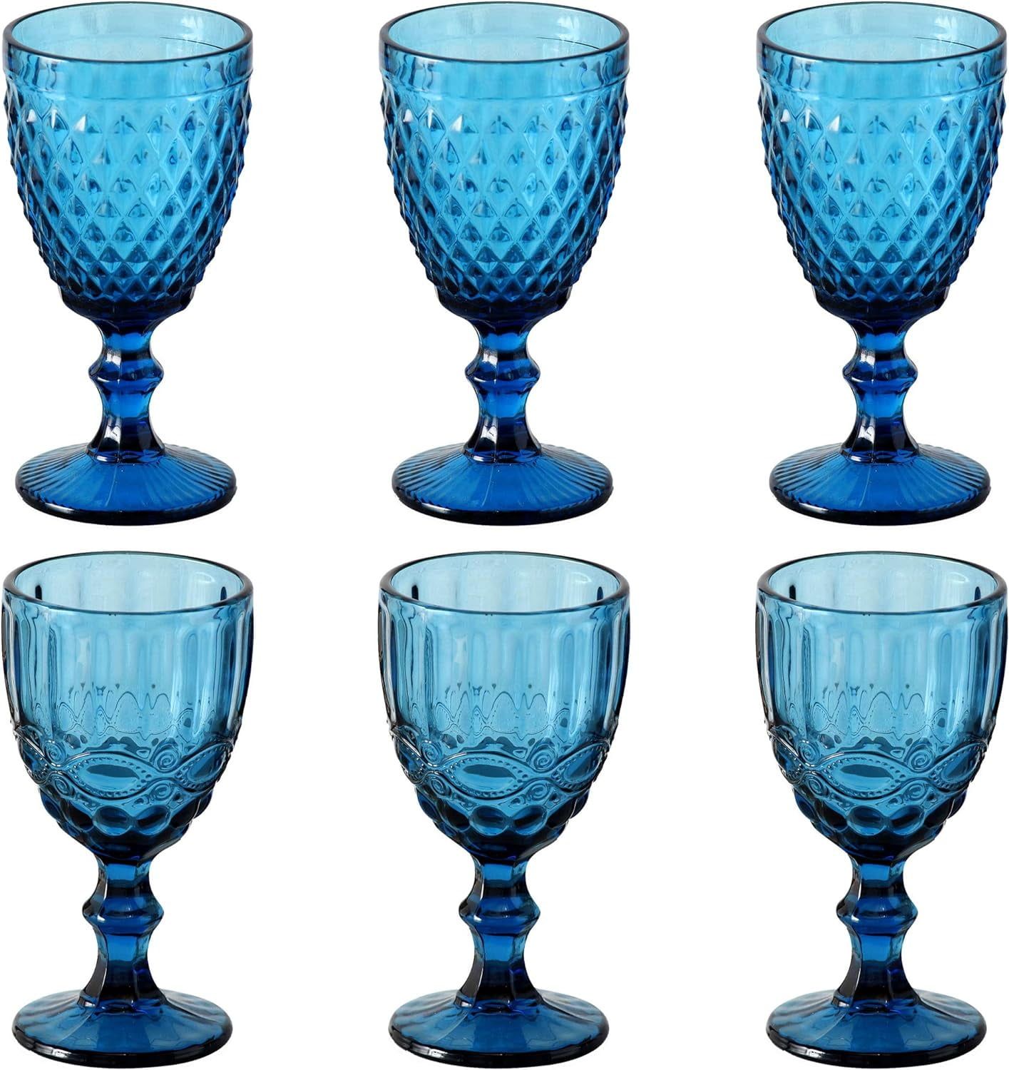 Vintage Blue Glass Wine Goblets with Tactile Patterns, Set of 6