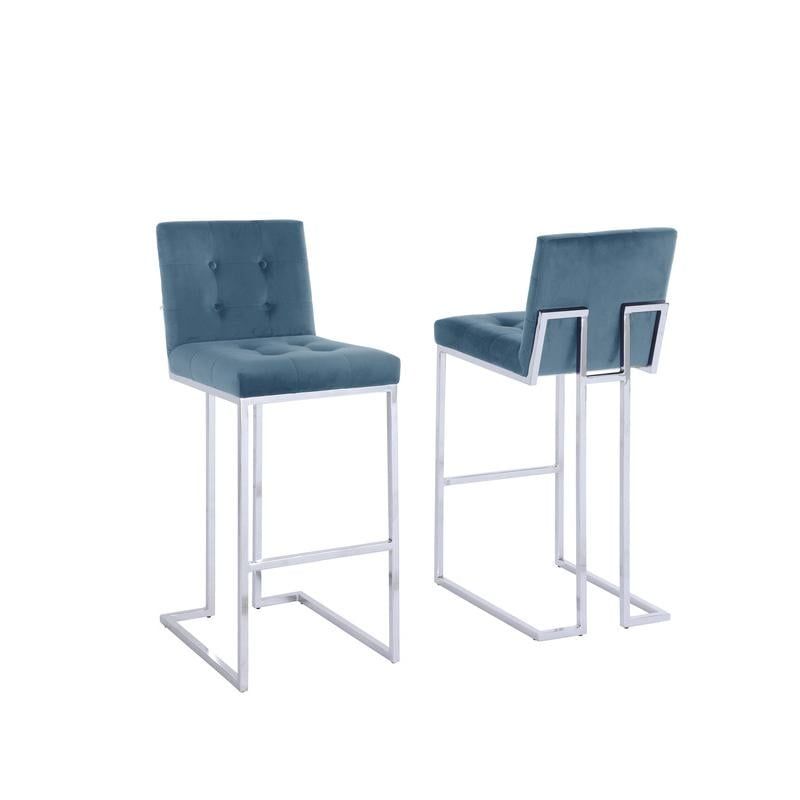 Teal Blue Velvet Tufted Barstools with Chrome Legs, Set of 2