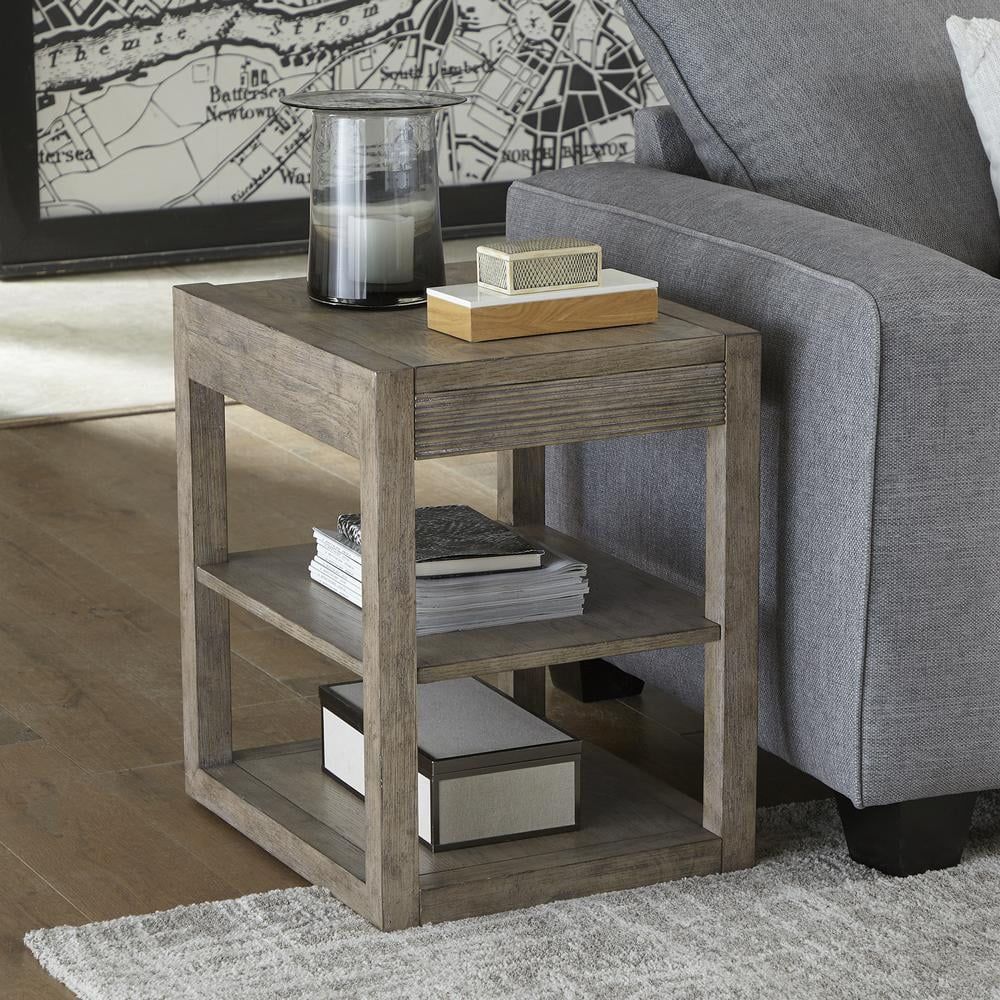 Dusty Taupe Rectangular Wood Chairside Table with Shelves