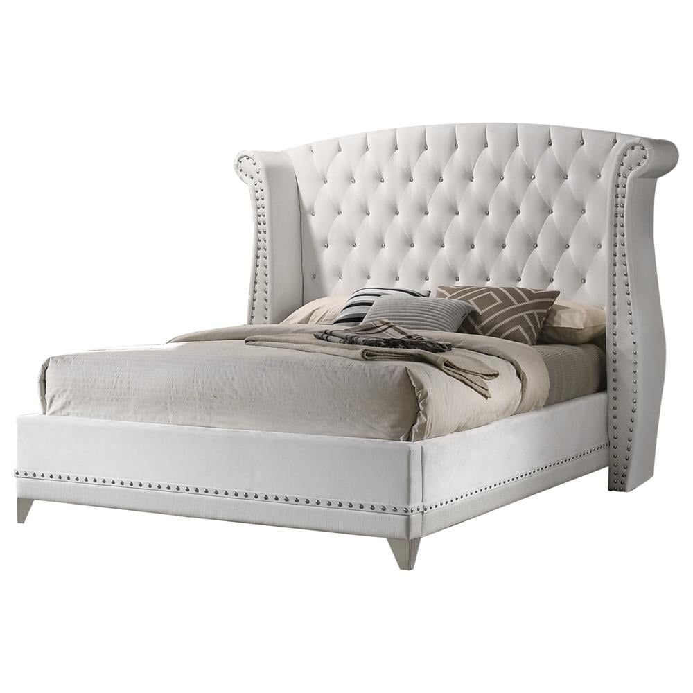 Elegant White Faux Leather Queen Platform Bed with Tufted Wingback Headboard